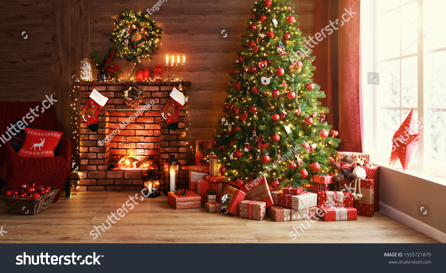 interior christmas. magic glowing tree, fireplace and gifts  
 #1555721879