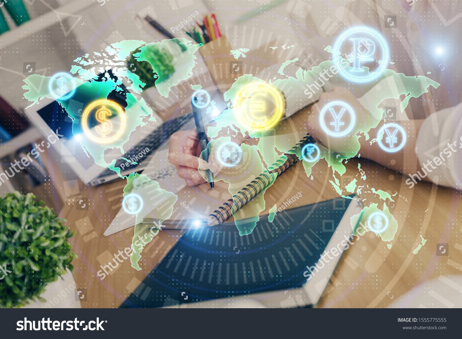 Financial graph displayed on woman's hand taking notes background. Concept of research. Double exposure #1555775555