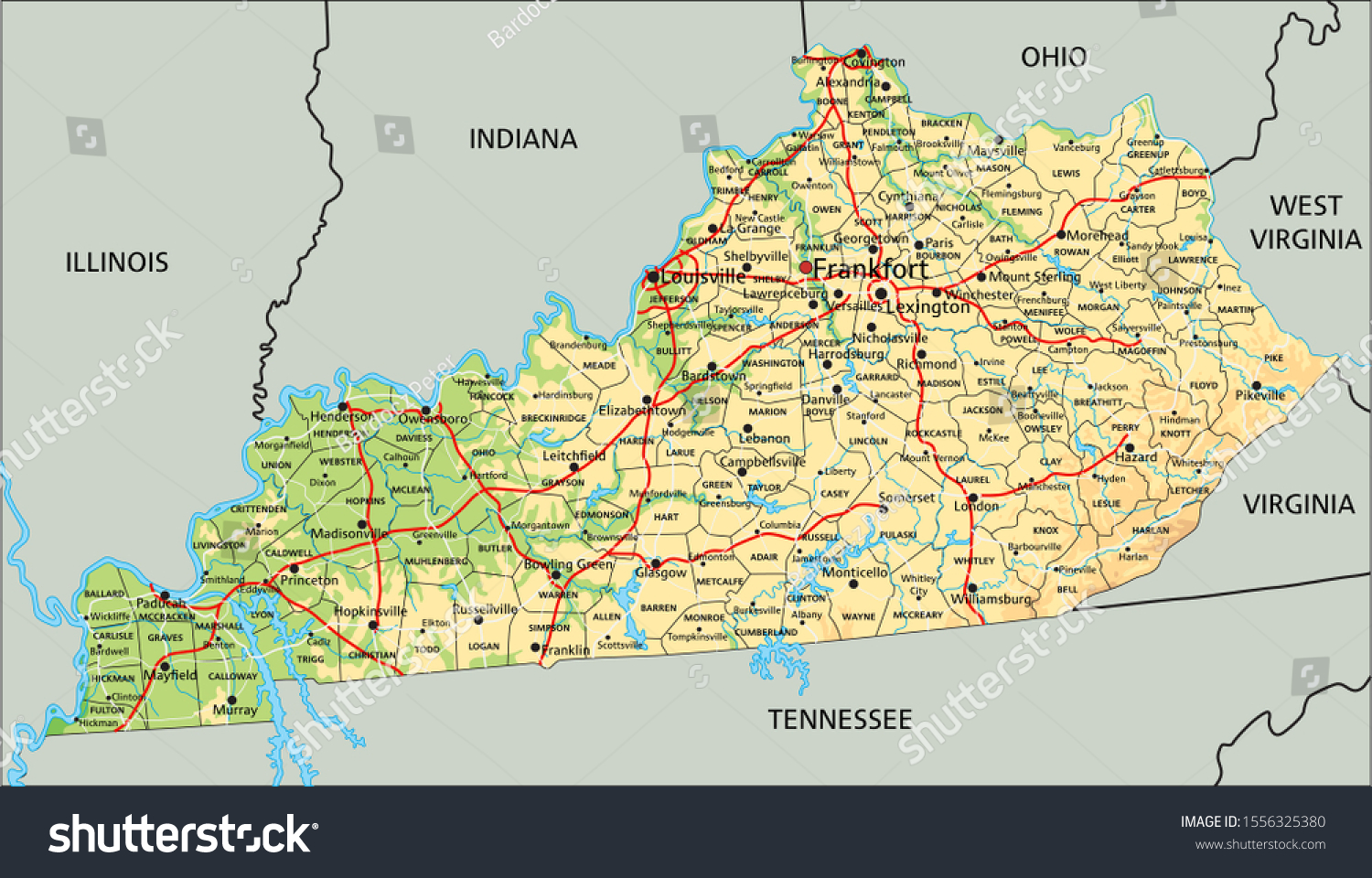 High detailed Kentucky physical map with - Royalty Free Stock Vector ...