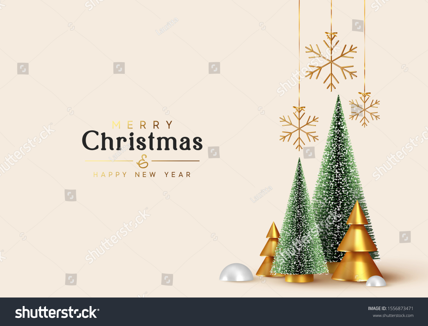 Christmas and New Year background. Xmas pine fir lush tree. Conical Abstract Gold Christmas Trees. Snowflakes hanging on ribbon. Bright Winter holiday composition. Greeting card, banner, poster #1556873471