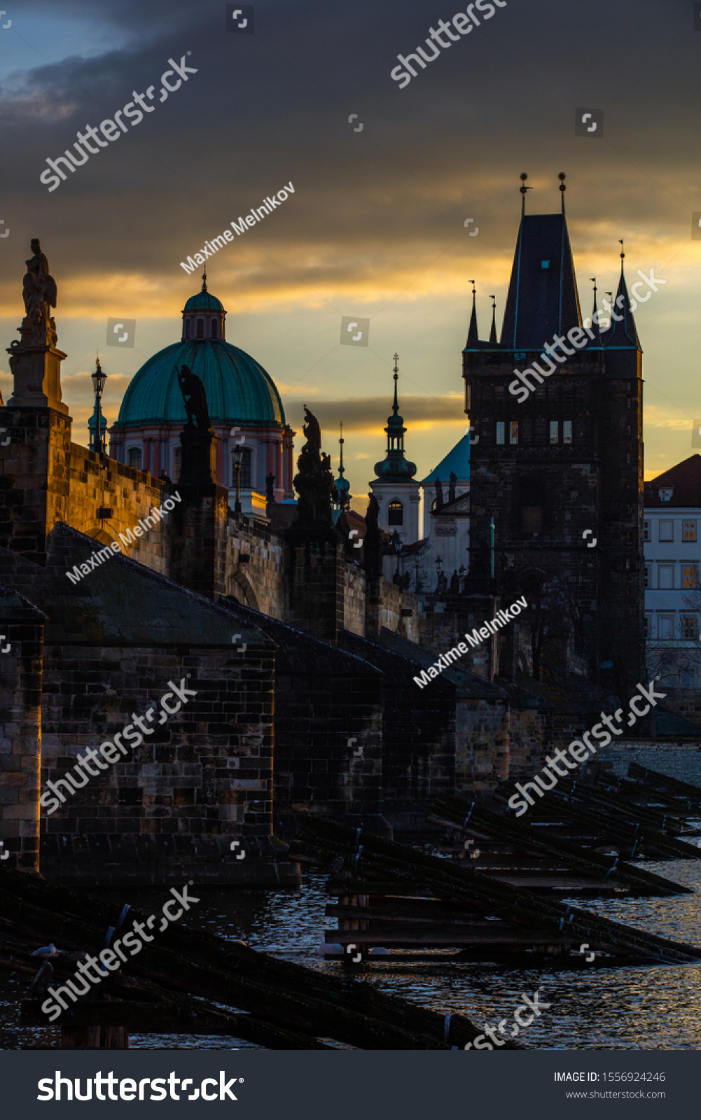 The view of Karl Bridge, Prague at sunrise #1556924246