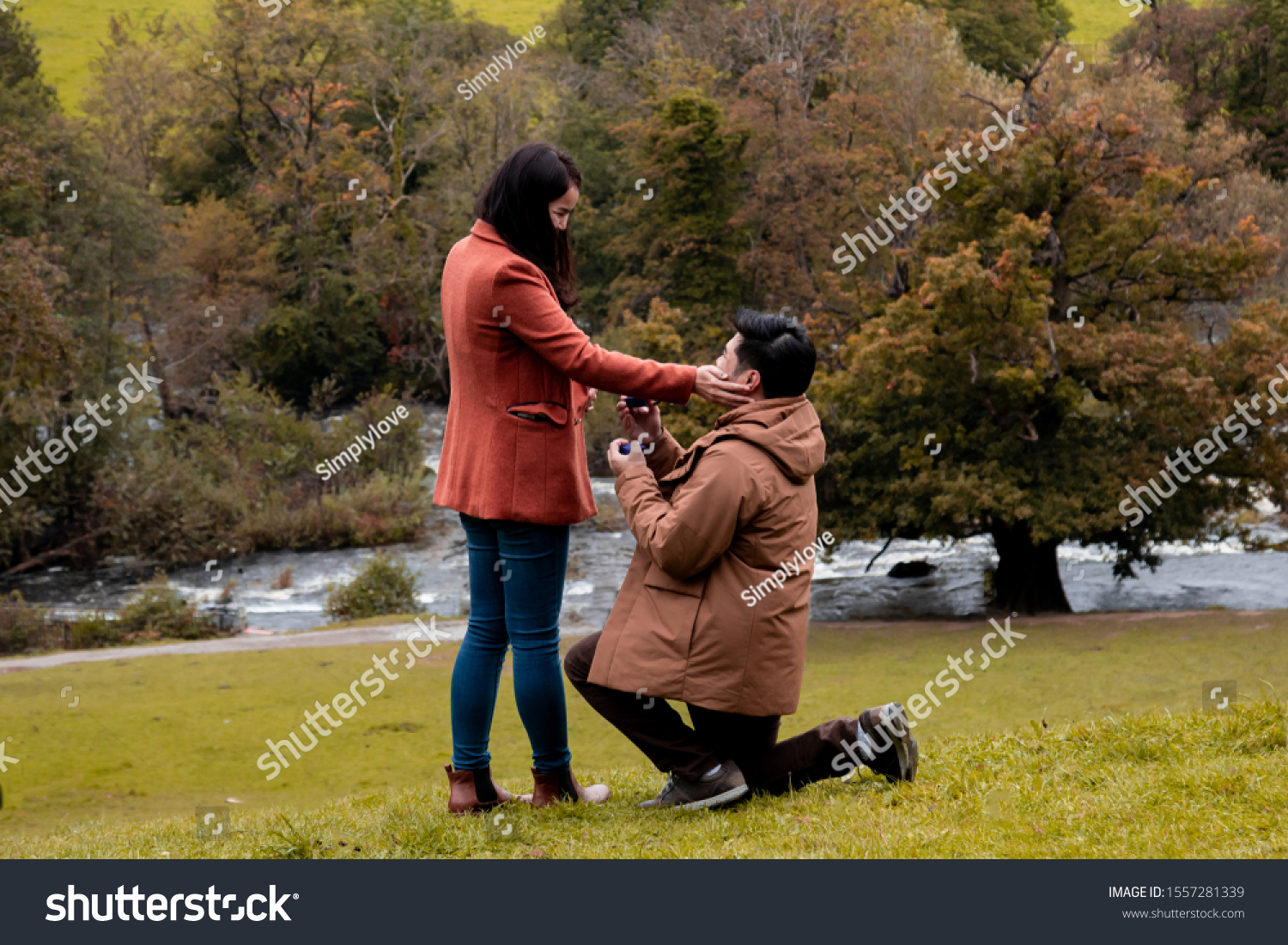 Will you marry me traditional kneeling proposal, happy attractive Asian couple fall in love make proposal to get married engagement with diamond ring in Autumn landscape, beautiful woman crying tears  #1557281339