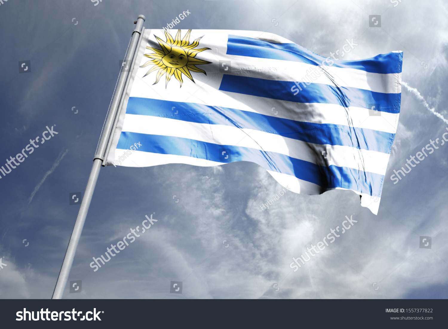 Flag of Uruguay in the sky. National Flag of Uruguay on flag pole for Independence day. #1557377822