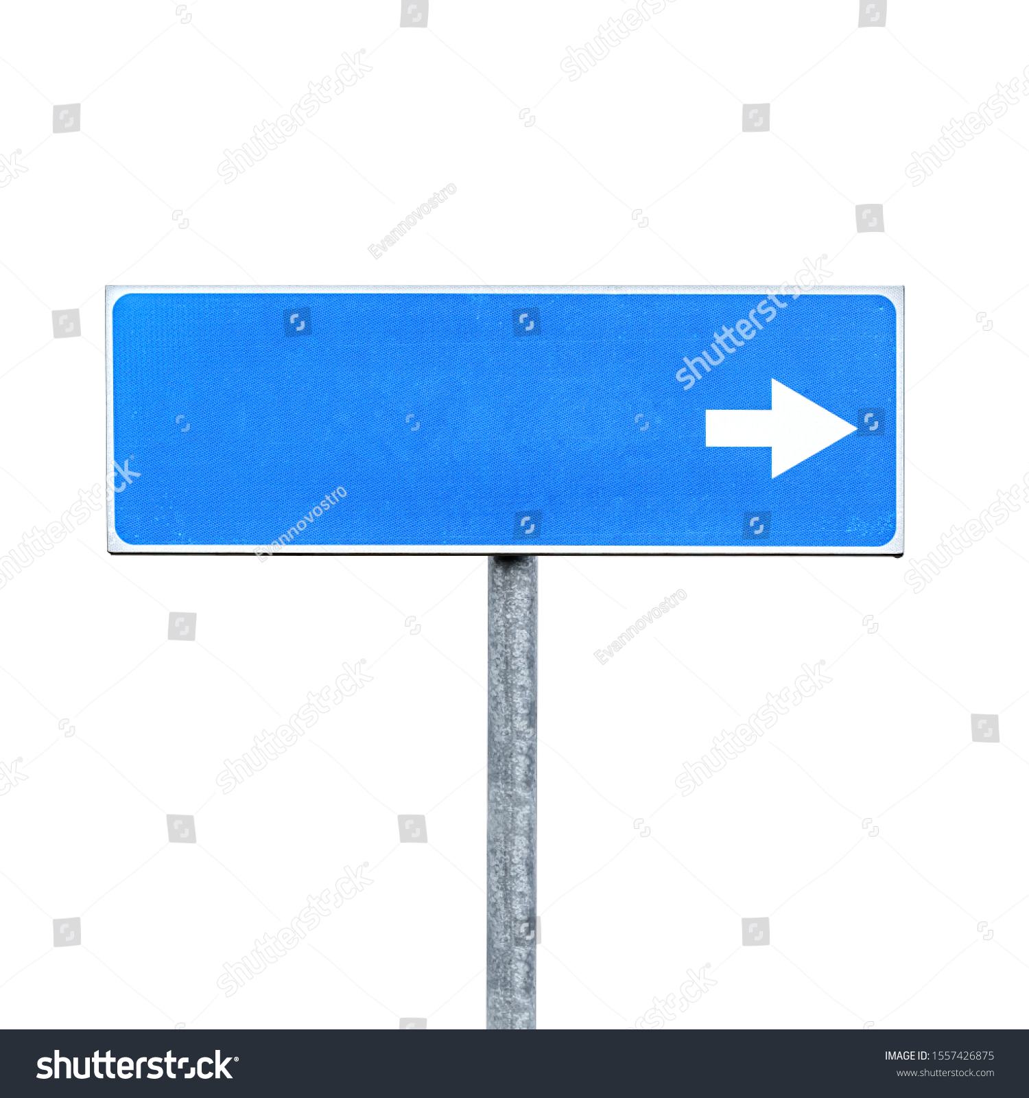 New blank blue road sign with an empty place for destination name and direction arrow isolated on white background #1557426875
