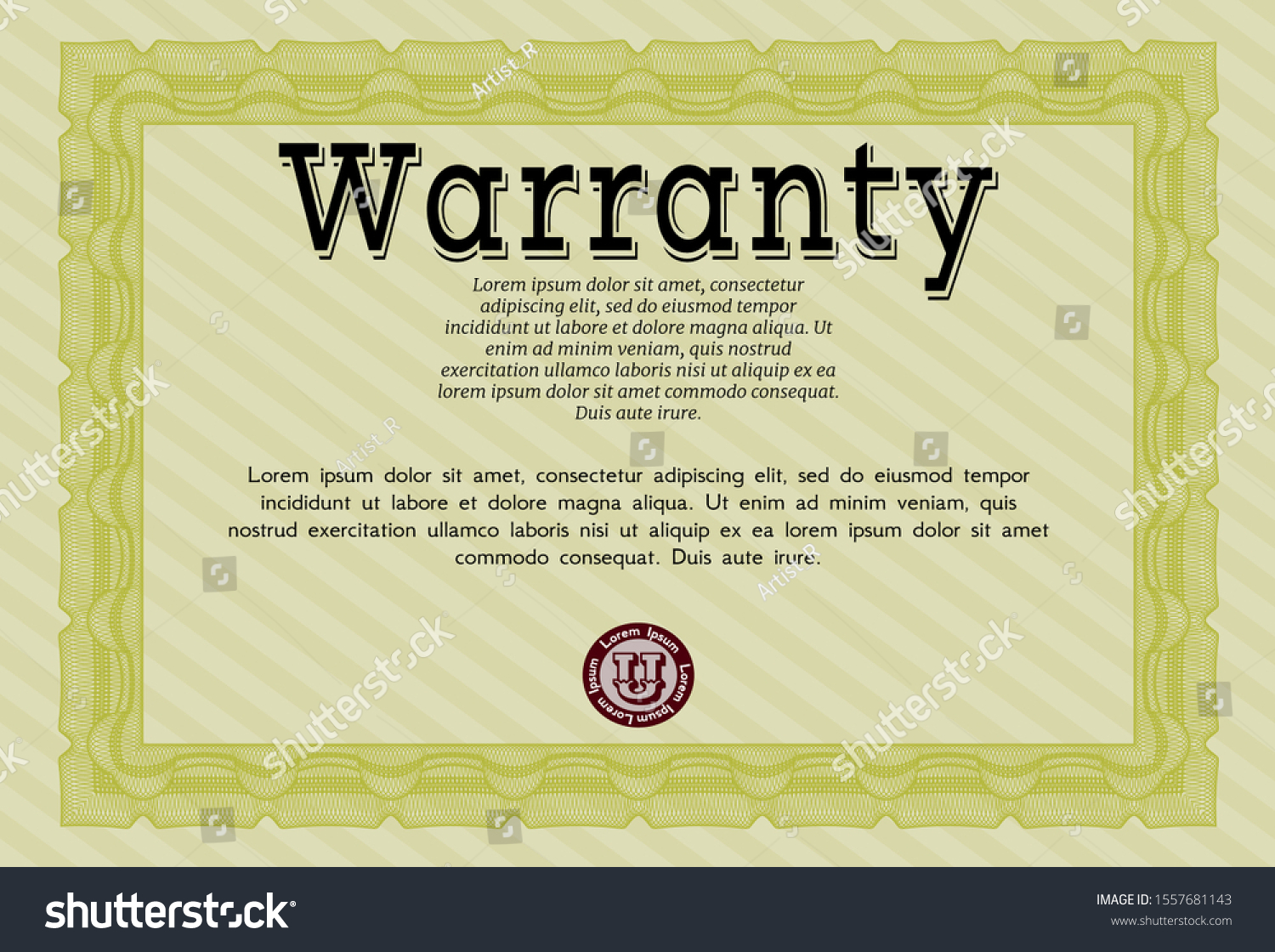 Yellow Retro Warranty template. With great quality guilloche pattern. Vector illustration. Excellent design.  #1557681143