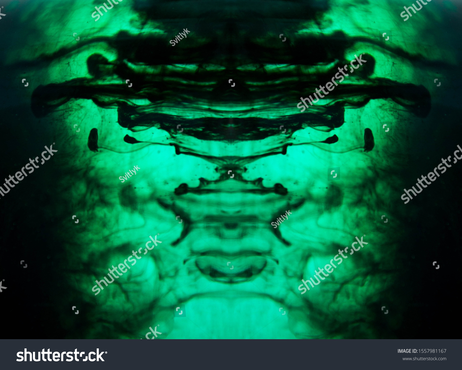 Blurred abstract background. Colorful inks in the water. Splash paint mixing. Watercolor effects. Ink pattern in Rorschach test style.  #1557981167