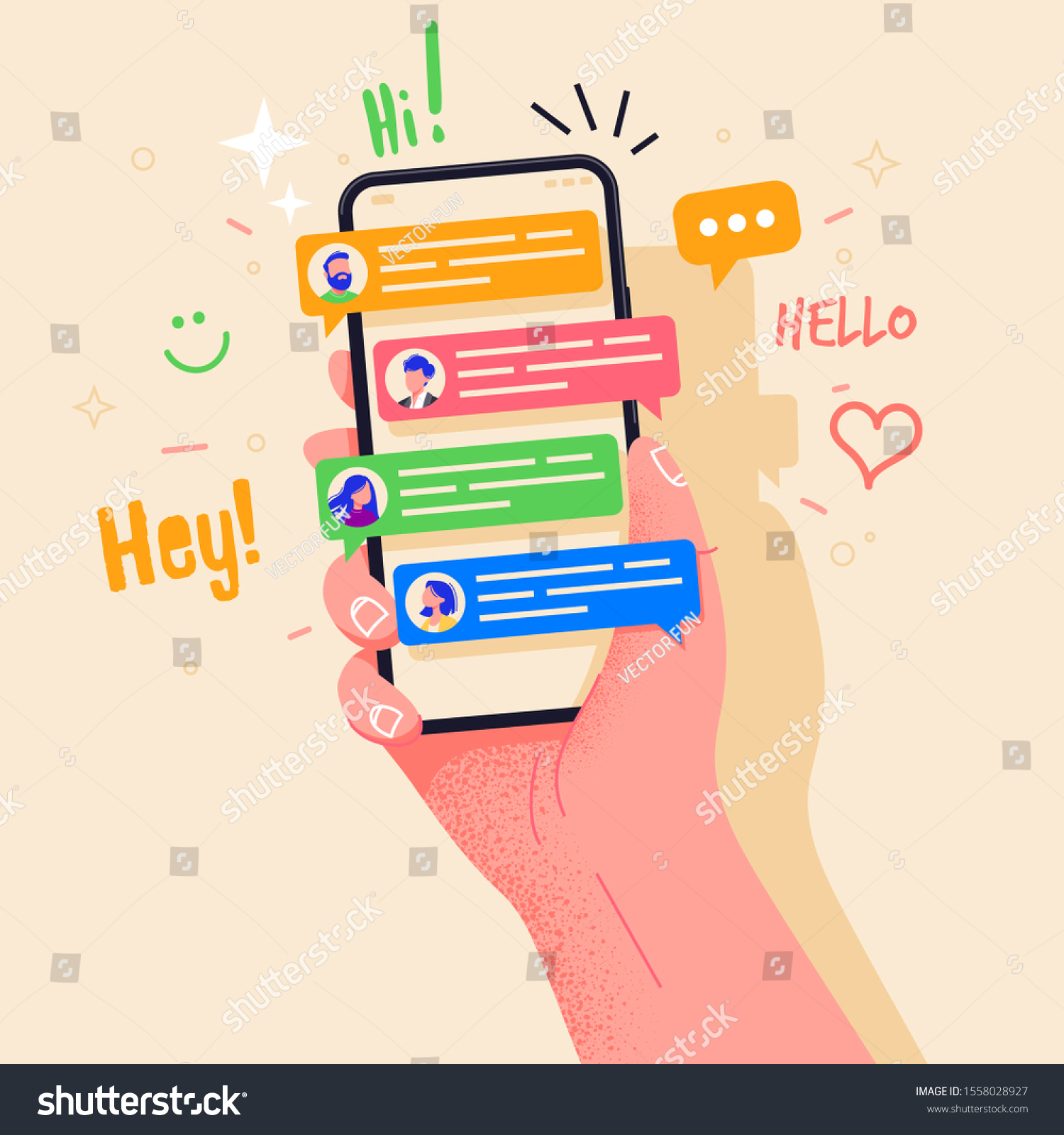 Hand holding phone with short messages, icons and emoticons. Chatting with friends and sending new messages. Colorful speech bubbles boxes on smartphone screen flat design vector illustration. #1558028927