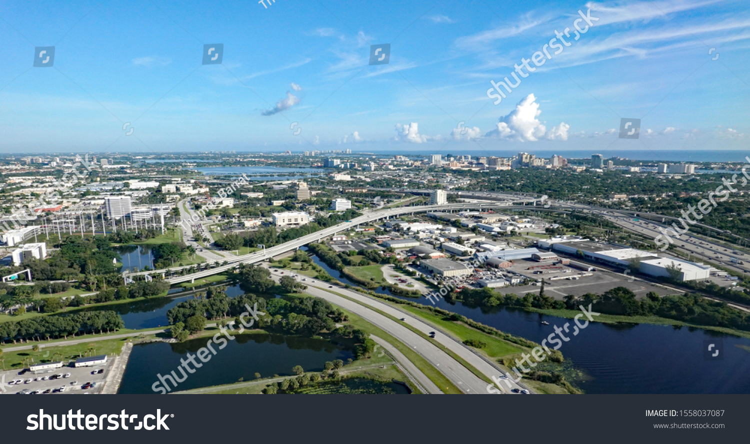 Aerial view of West Palm Beach, Florida, with Interstate Highway I-95. #1558037087