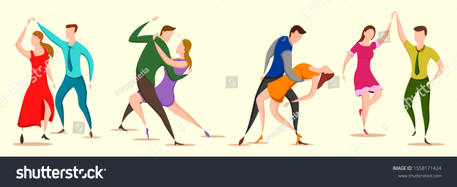 easy to edit vector illustration of group of dancing people friend colleague celebrating birthday, new year disco dance holiday #1558171424