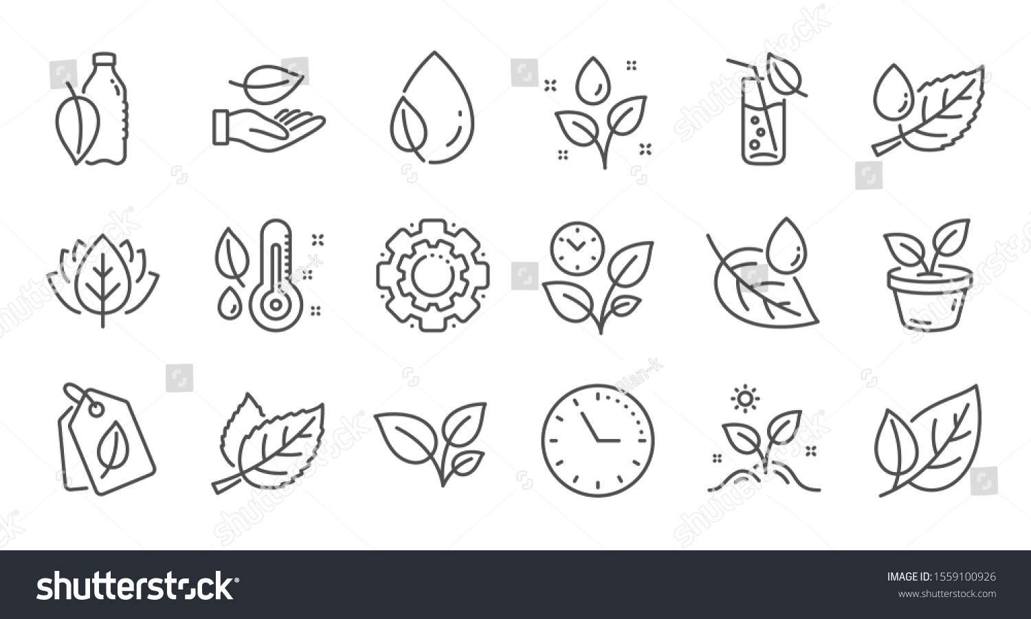 Plants line icons. Leaf, Growing plant and Humidity thermometer. Water drop linear icon set. Quality line set. Vector #1559100926