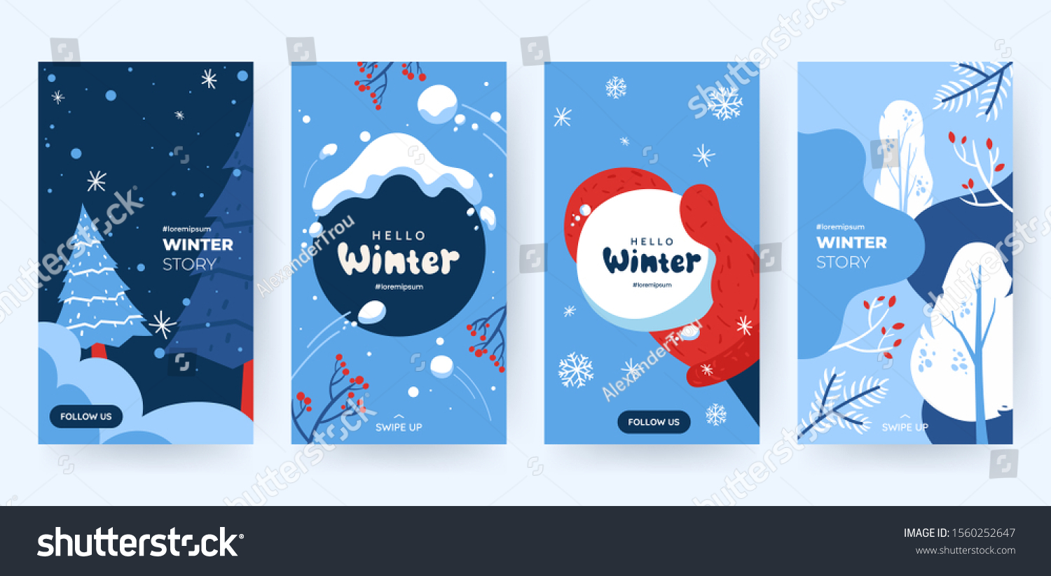 Set of abstract winter backgrounds for social media stories. Colorful winter banners with falling snowflakes, snowy trees. Wintry scenes . Use for event invitation, discount voucher, ad. Vector eps 10 #1560252647