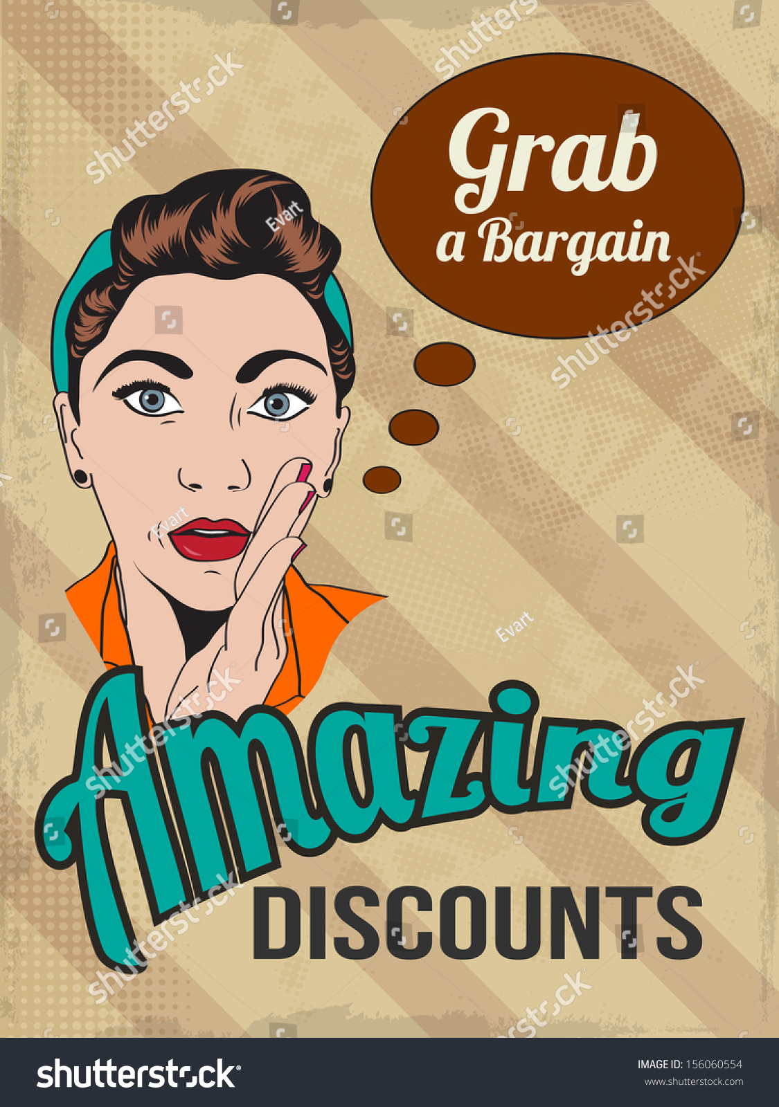 retro illustration of a beautiful woman and amazing discounts message, vector format #156060554