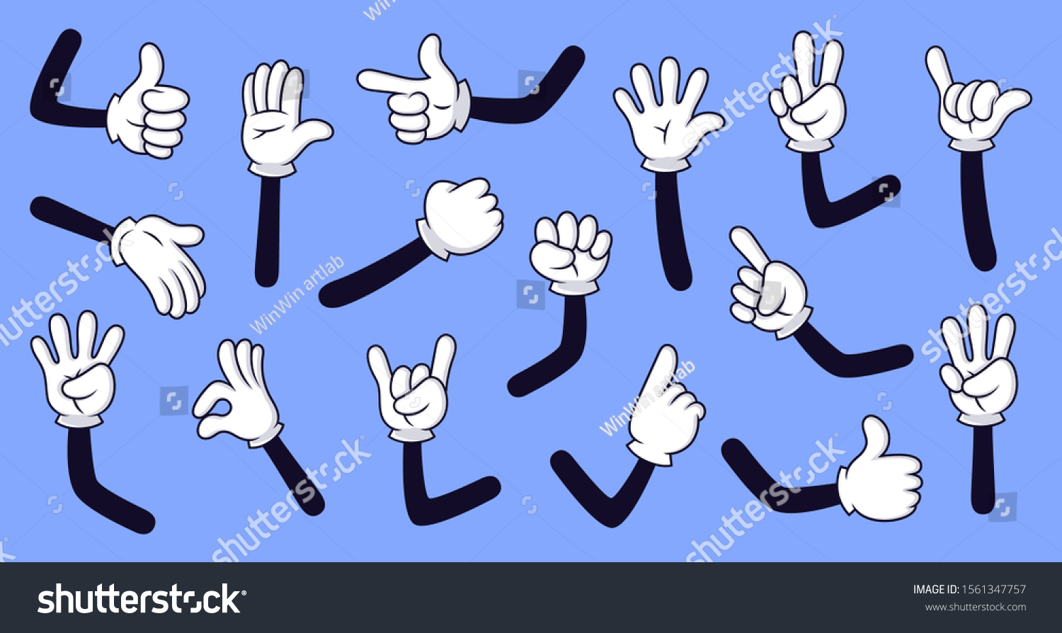 Cartoon gloved arms. Comic hands in gloves, retro doodle arms with different gestures vector isolated illustration icons set. Showing numbers, pointing with finger. Rock sign, thumb up, high five #1561347757