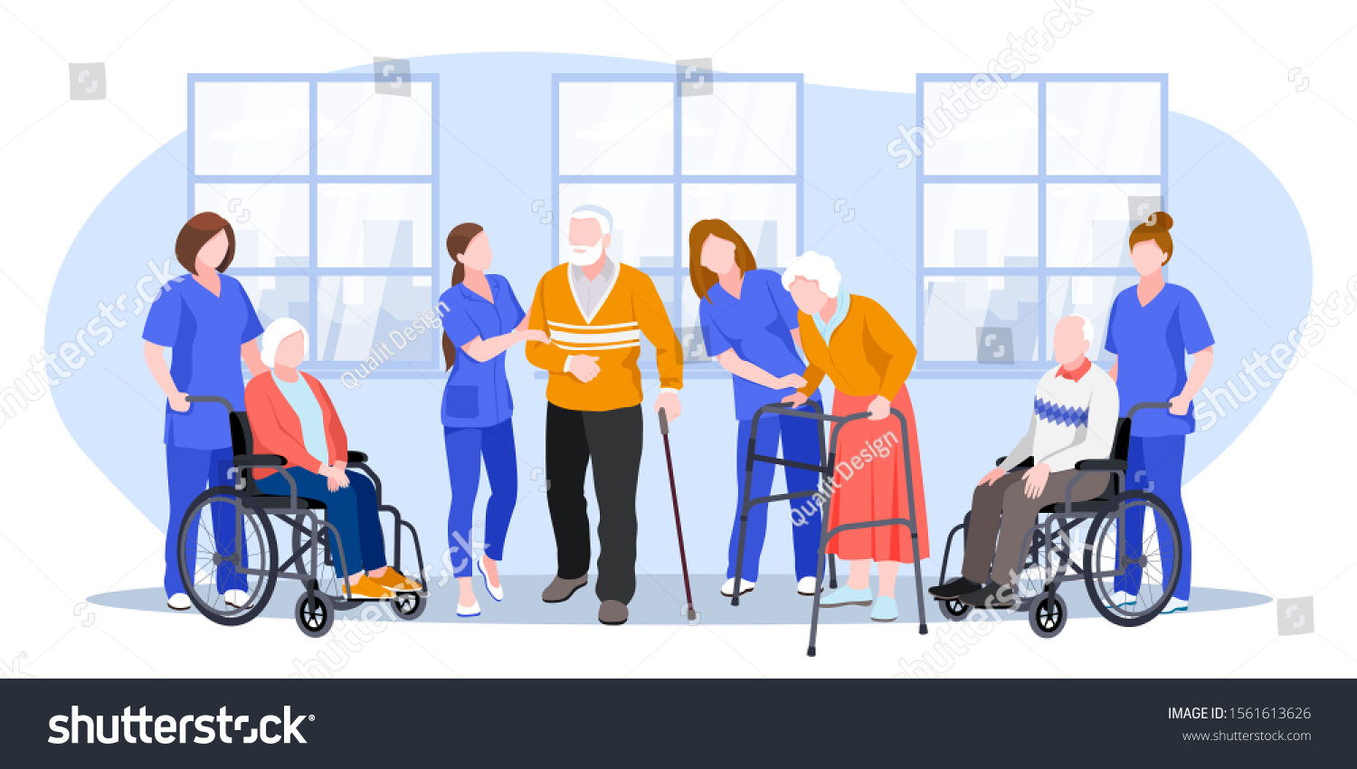 Nurse taking care about seniors people in hospital. Vector flat cartoon illustration. Doctors help elderly people walk and ride wheelchair. #1561613626