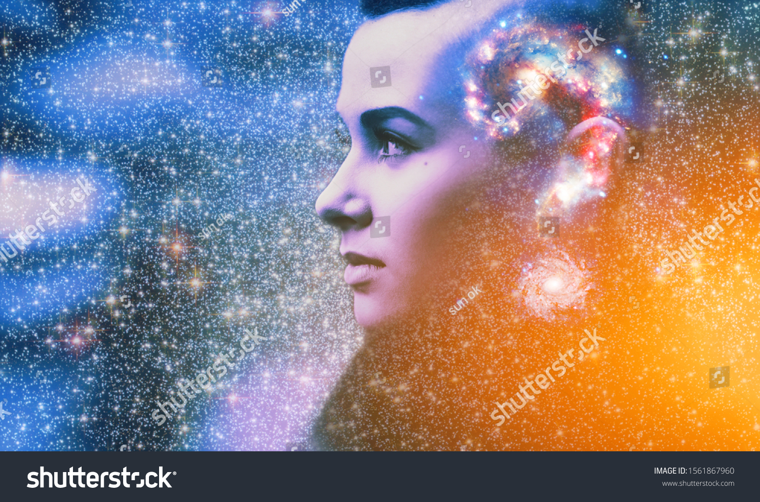 Double multiply exposure abstract portrait of young woman face with galaxy universe space inside head. Human mind spirit, ai brain, astronomy, ask question answer concept Elements image furnished NASA #1561867960