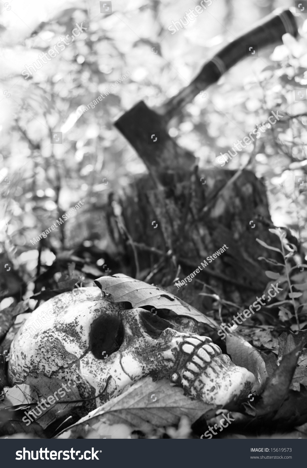 Halloween scary scene - buried skull with killer's hatchet in background #15619573