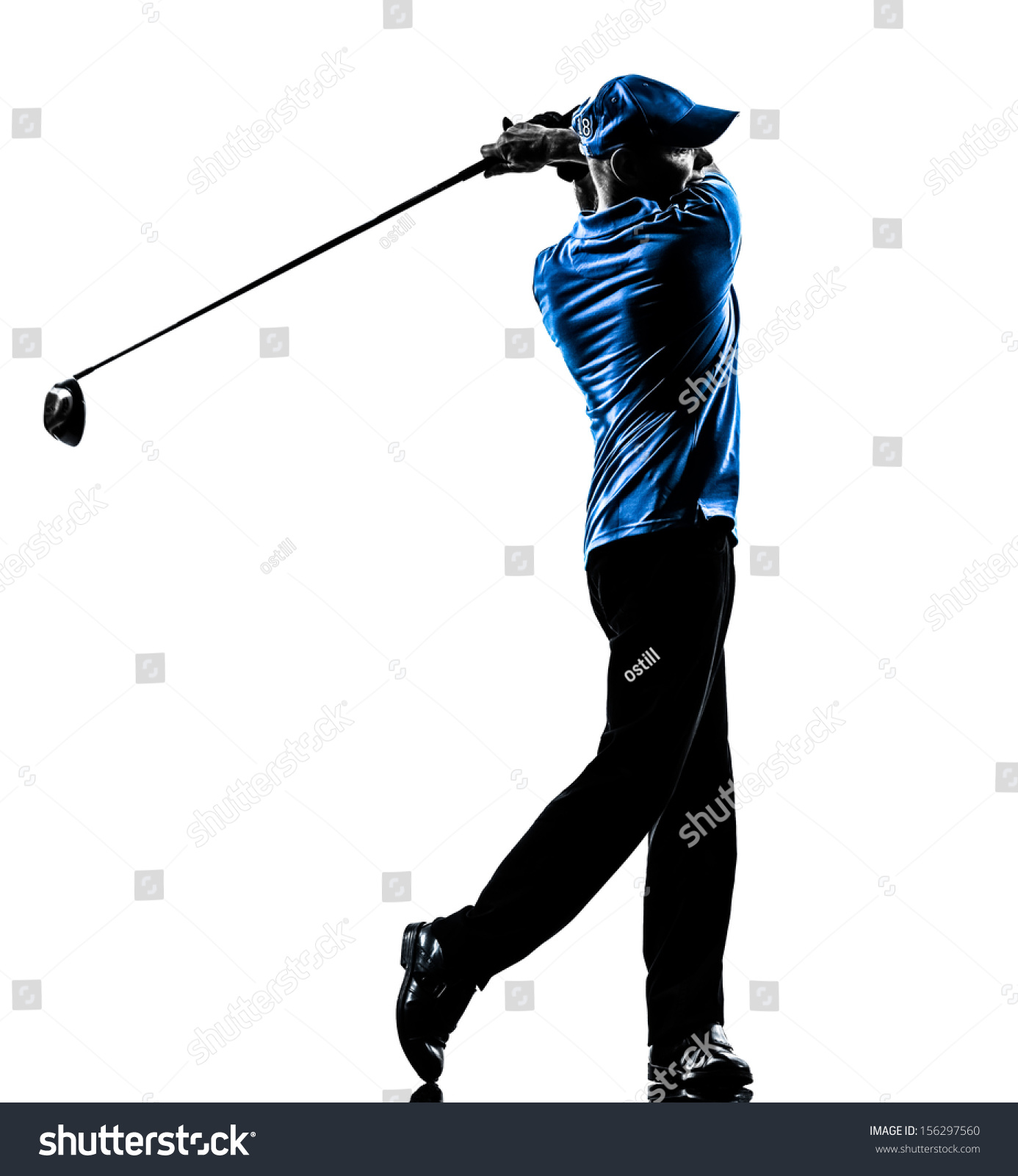one man golfer golfing golf swing in silhouette studio isolated on white background #156297560