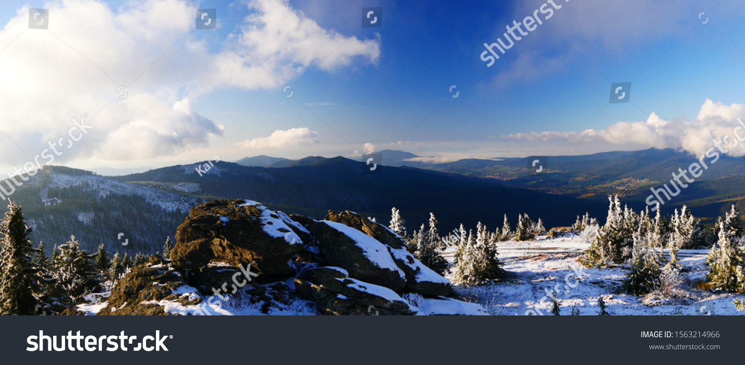 Großer Arber, Germany: Panorama from the largest mountain in the Bavarian forest - the large Arber (1456 m, 4775 ft) on the Hohenbogen mountain and the fog covered Furth im Wald #1563214966