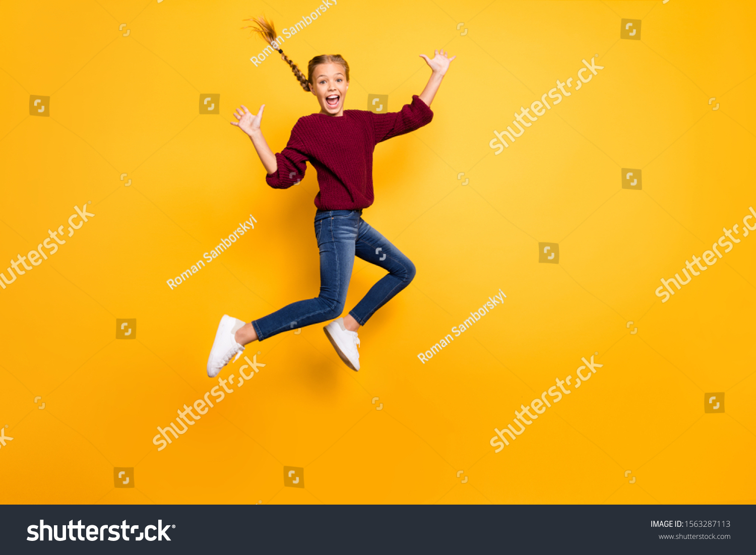 Full length body size view of her she nice attractive lovely crazy overjoyed glad girlish cheerful pre-teen girl jumping having fun isolated on bright vivid shine vibrant yellow color background #1563287113