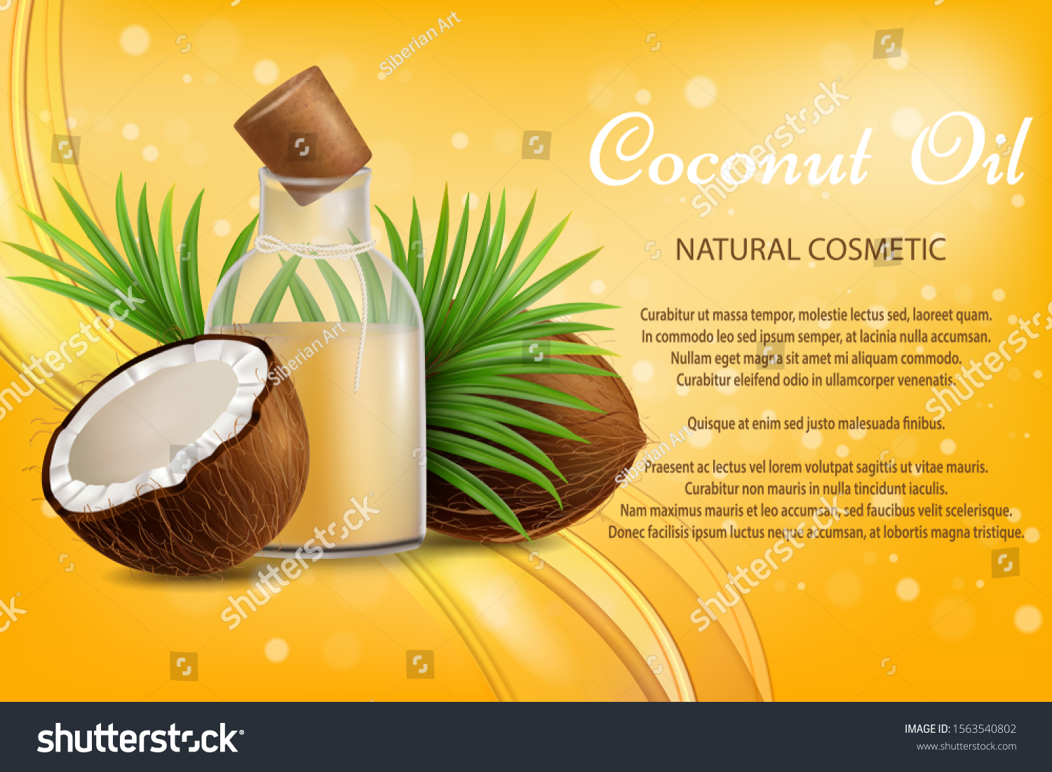 Coconut oil natural cosmetic, vector poster template. Realistic whole and half coco, oil bottle, palm leaves. Organic coconut oil beauty product brand advertising composition with text. #1563540802