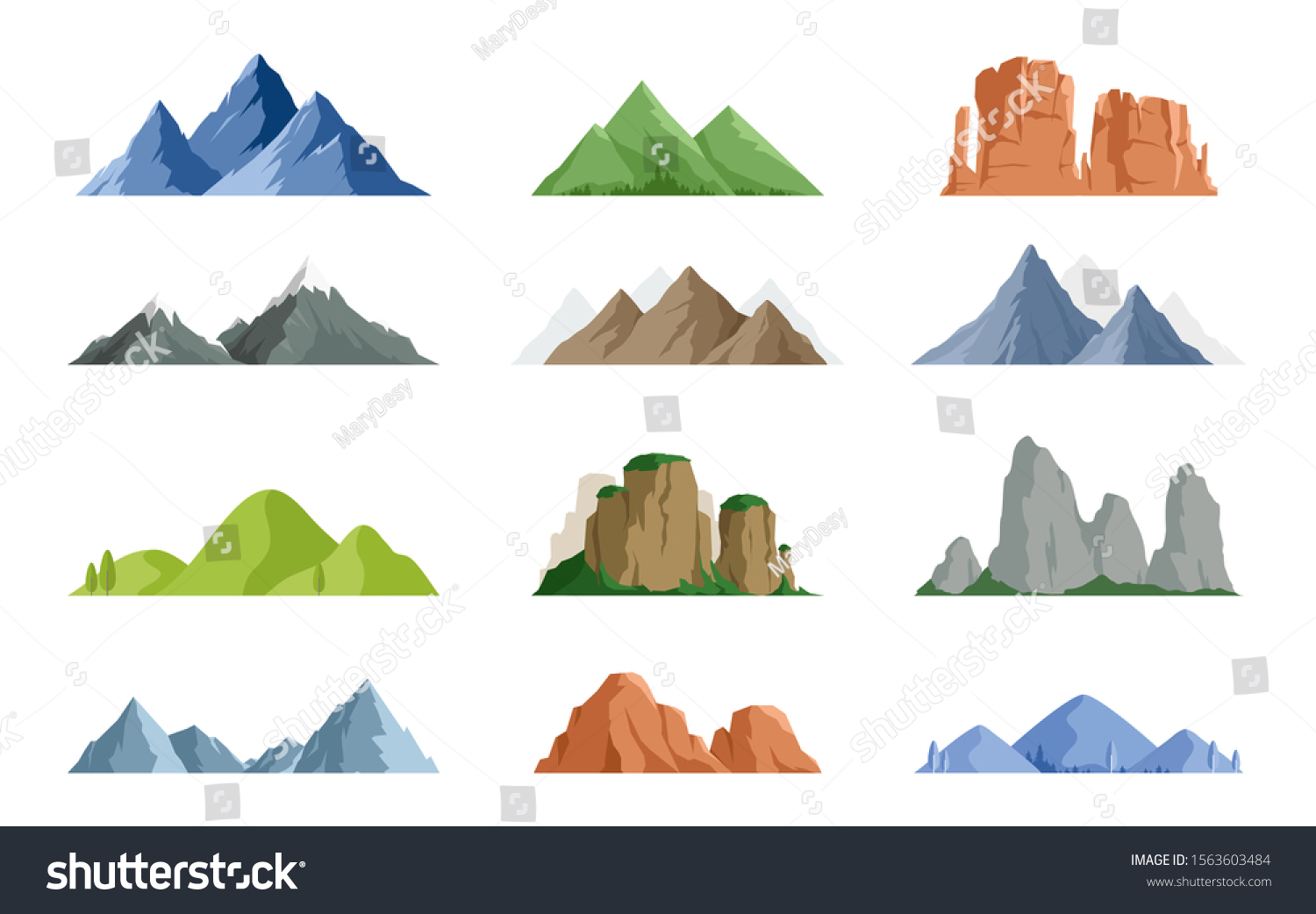Vector set of isolated snowy mountains, mountain peak, hill top, iceberg, nature landscape. Camping landscape and hiking illustration. Outdoor travel,  adventure, tourism, climbing design elements