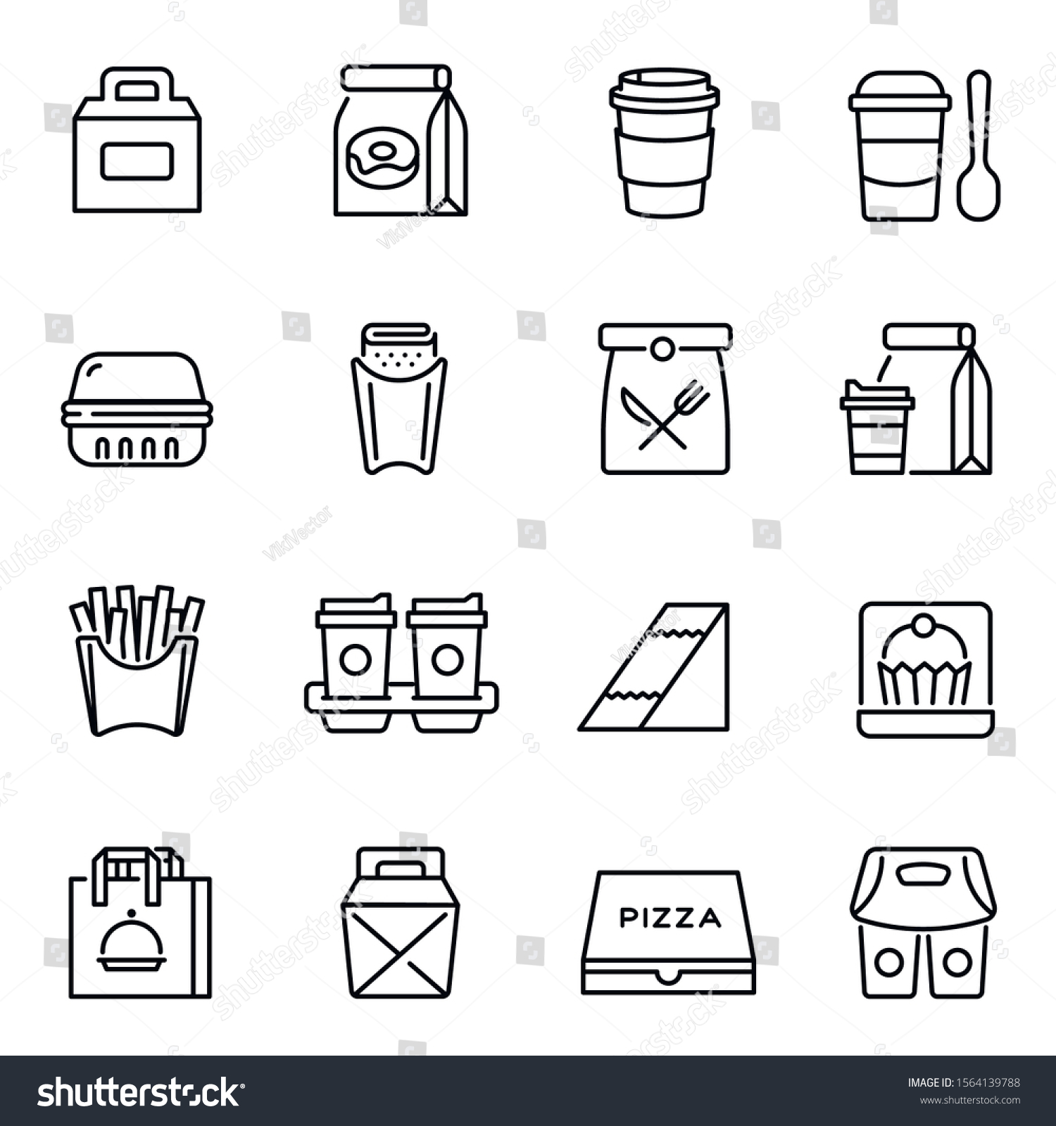 Take away food and drinks linear icons set. Takeaway service, fast food retail symbols pack. Unhealthy nutrition. Lunch bags, coffee cups and breakfast containers thin line illustrations #1564139788