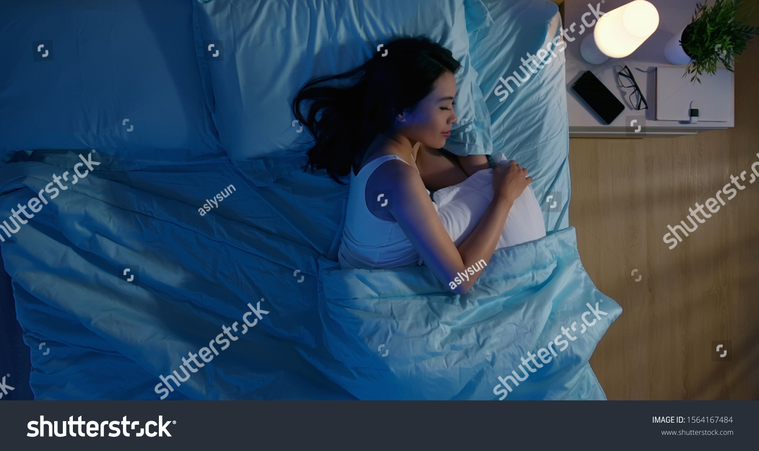 overlooking of asian woman sleep well with smile at night  #1564167484