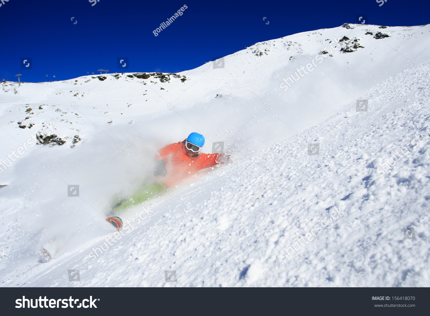 Skiing, Skier, Freeride in fresh powder snow - man skiing downhill #156418070