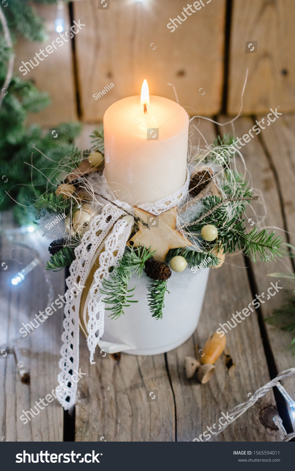 Beautiful rustic Christmas decorations with candle, decorations, #1565594011