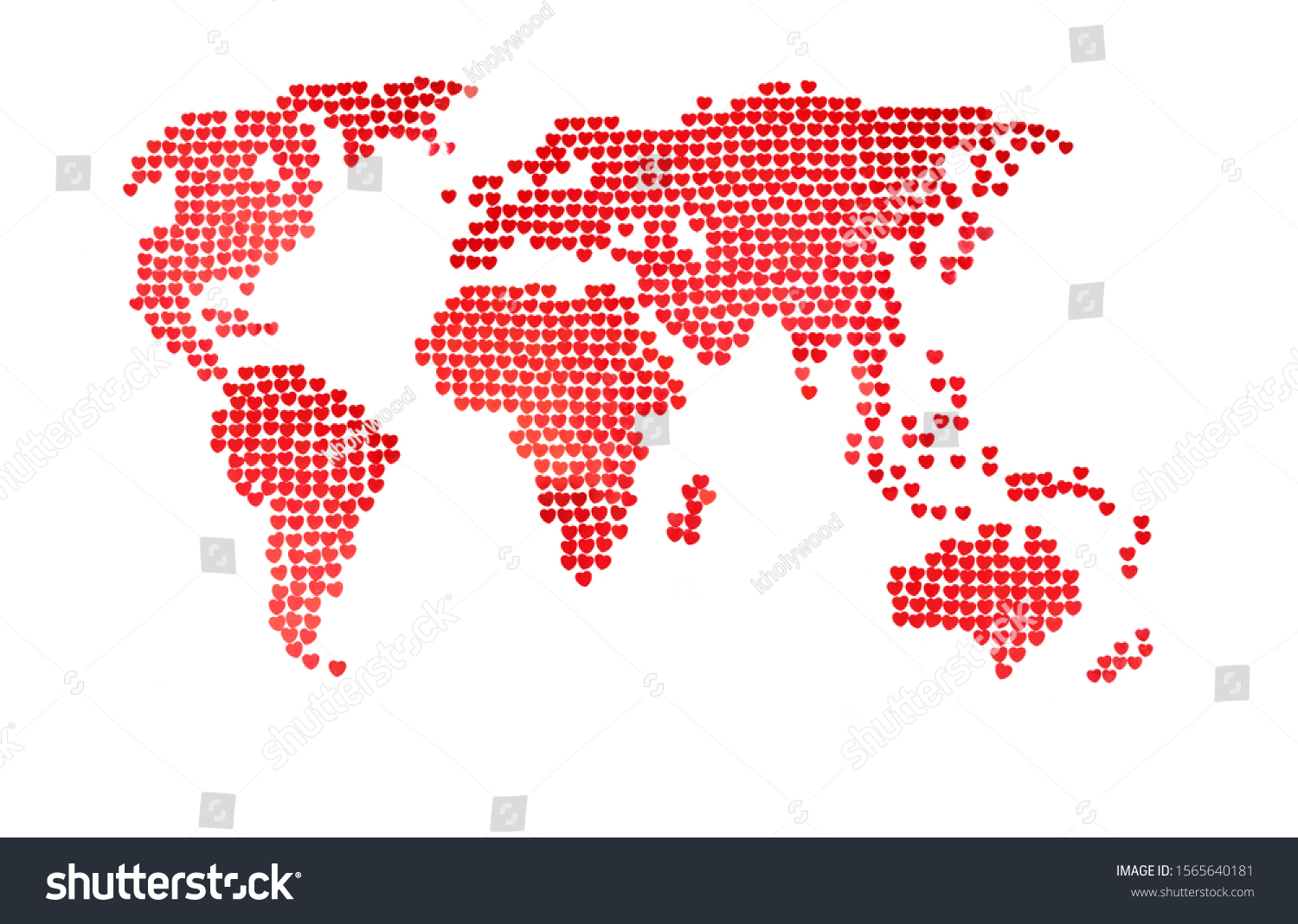 Sketchy world map of red confetti in the shape of hearts. The concept of global holidays, valentines day, weddings, parties. White background, minimalism. An approximate scheme.  #1565640181