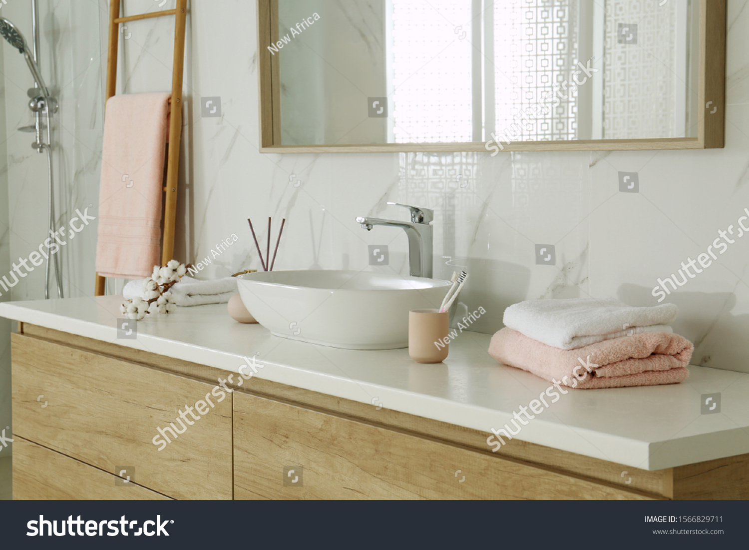 Large mirror over vessel sink in stylish bathroom interior #1566829711