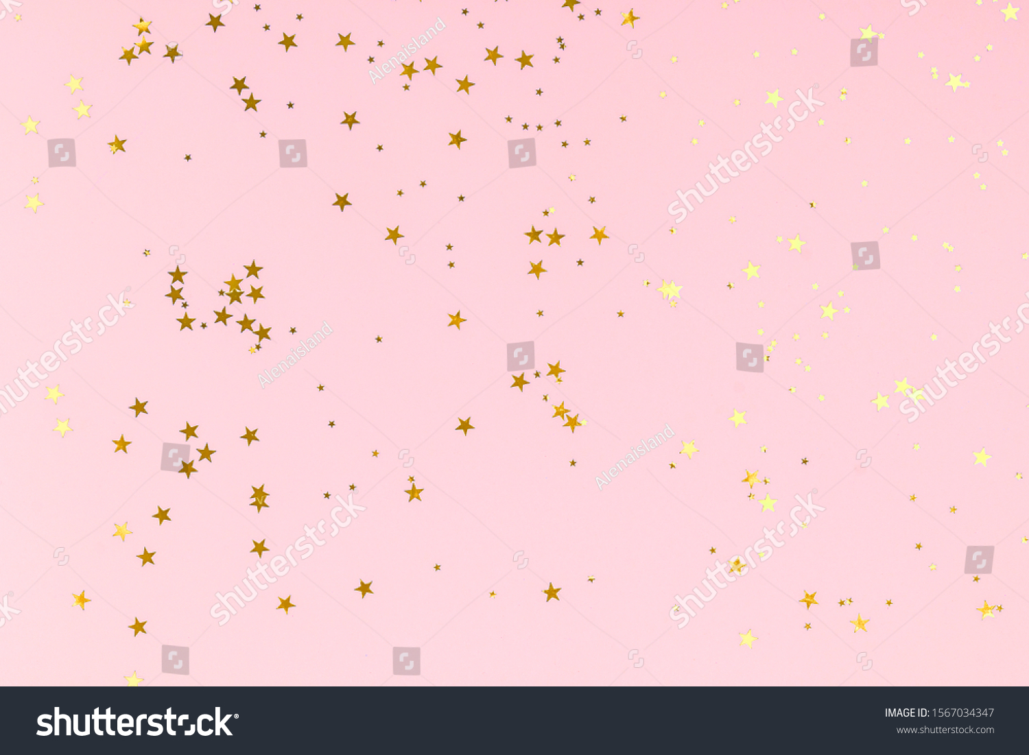 Golden stars glitter confetti in abstract style on pink background. Gold sparkles texture. Holiday new year backdrop. Anniversary, birthday. Greeting card template. #1567034347
