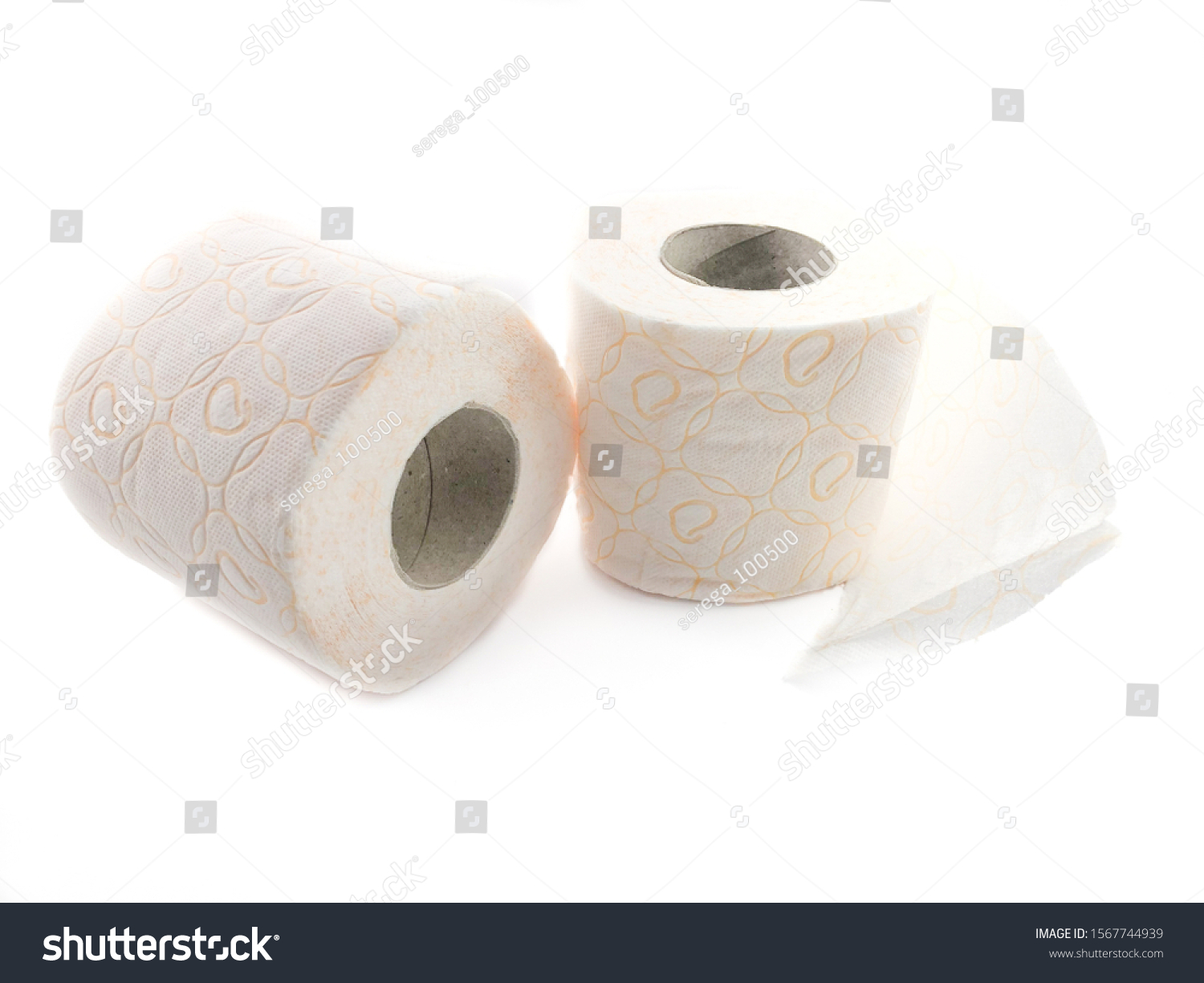 Toilet paper isolated on a white background. The composition of the rolls of toilet paper. Toilet paper with a pattern. Set of toilet paper. #1567744939