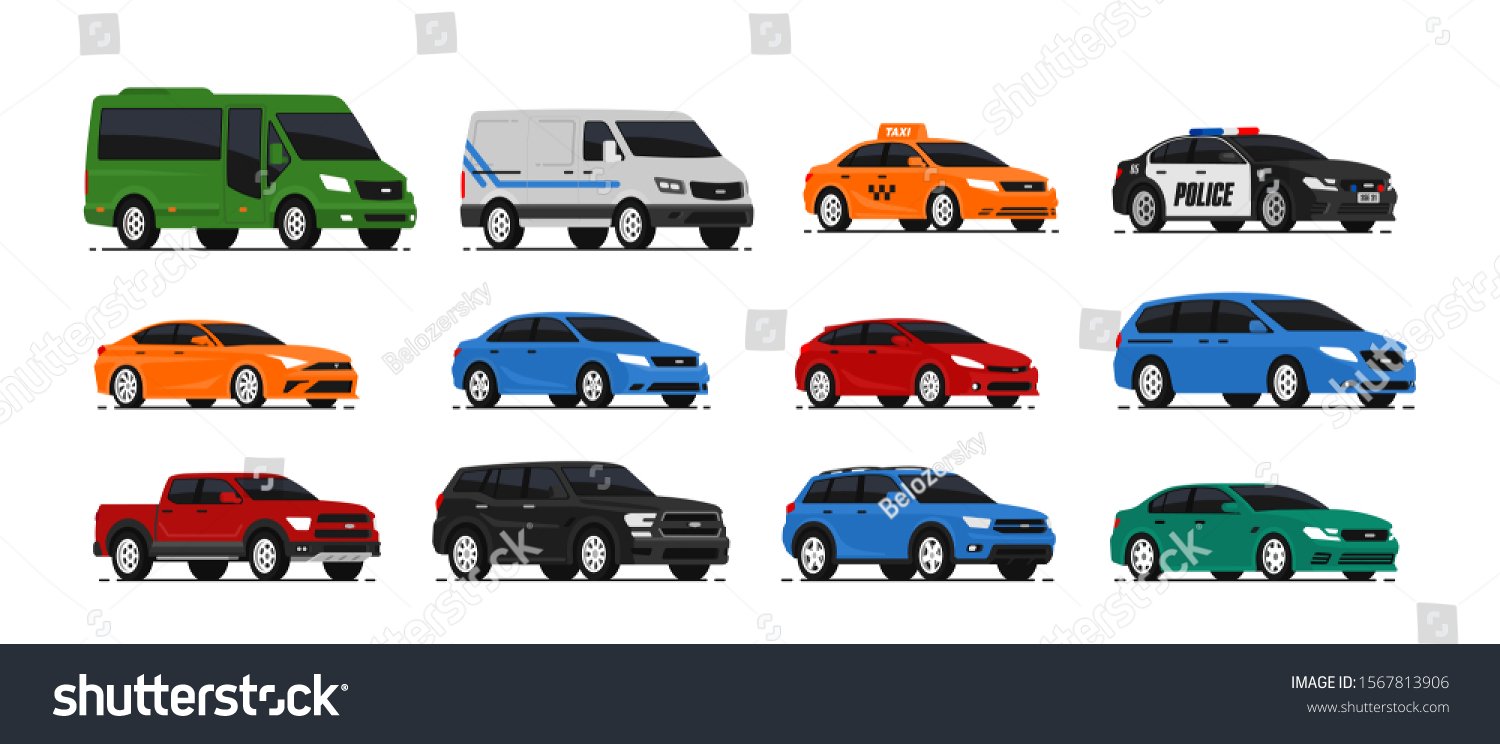 Car icons collection. Vector illustration in flat style. Urban, city cars and vehicles transport concept. Isolated on white background. Set of of different models of cars;taxi, sedan, van, pickup,.. #1567813906