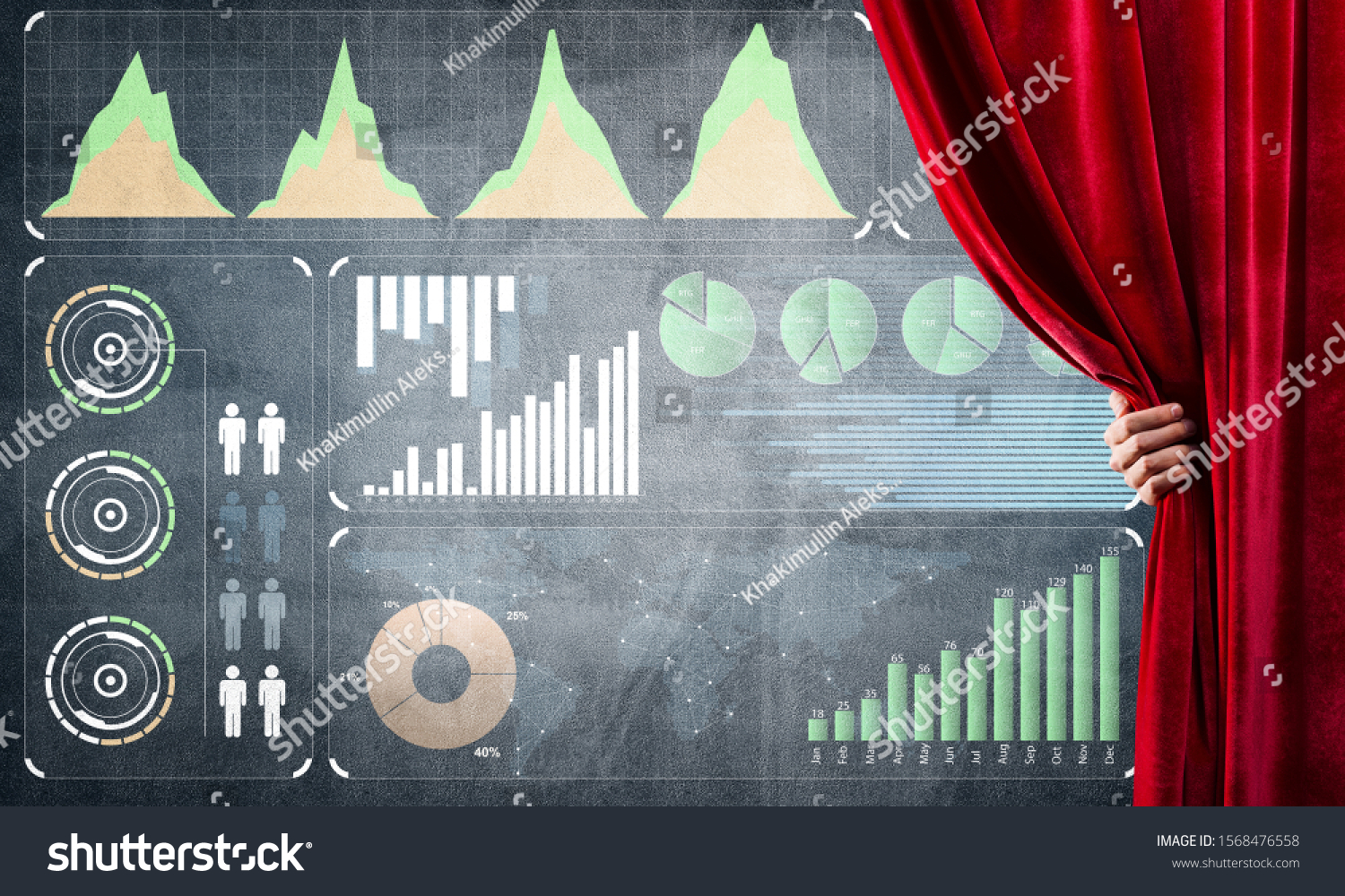 Hand opening red curtain and drawing business graphs and diagrams behind it #1568476558