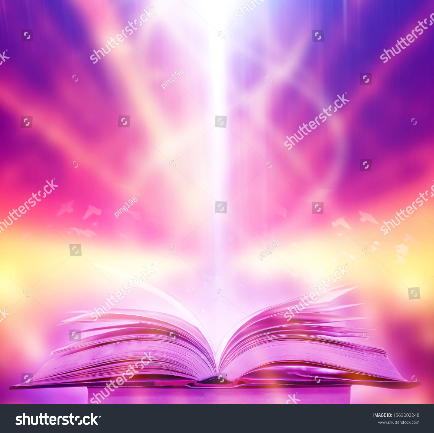 Imagine a picture book of an ancient book opened on a wooden table with a sparkling golden background. With magical power, magic, lightning around a glowing glowing book In the room of darkness #1569002248