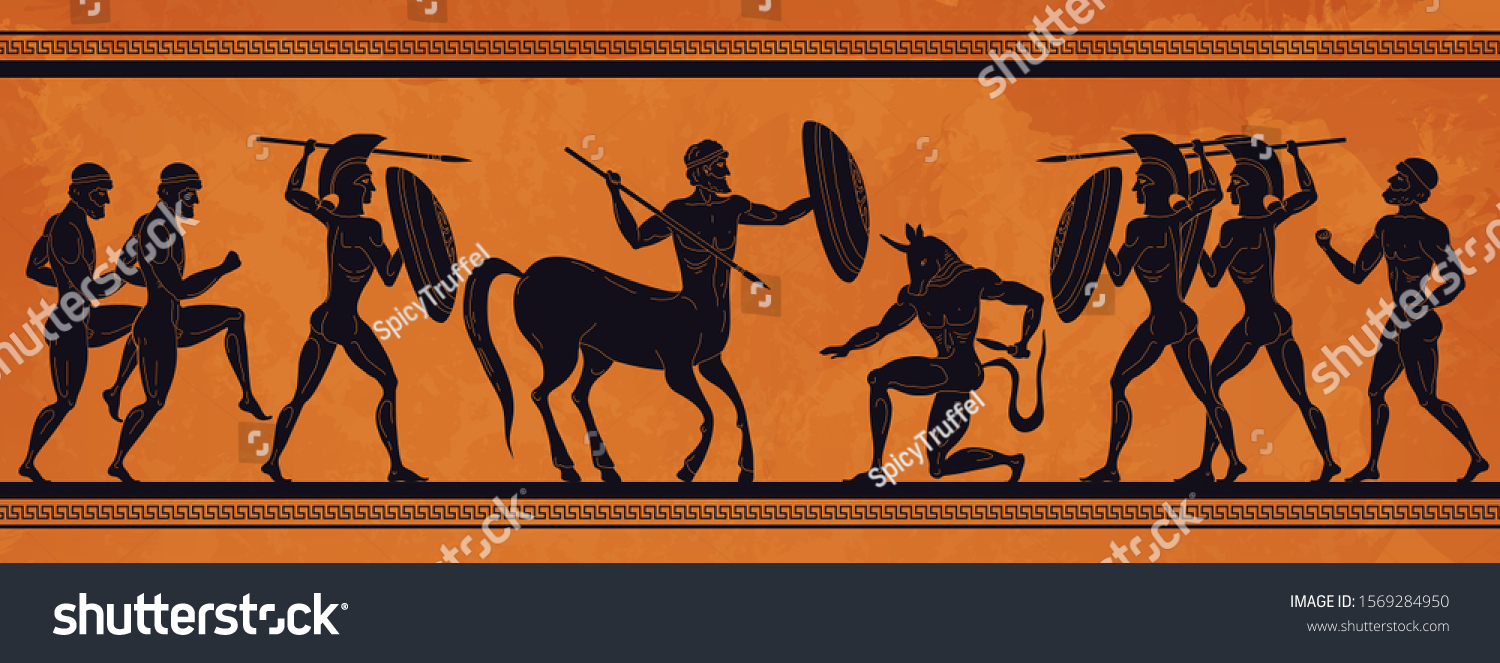 Ancient Greece scene. Historic mythology silhouettes with gods and centaurs, figures and pattern for ancient amphora. Vector mythological image art ancients amphoras ornaments
