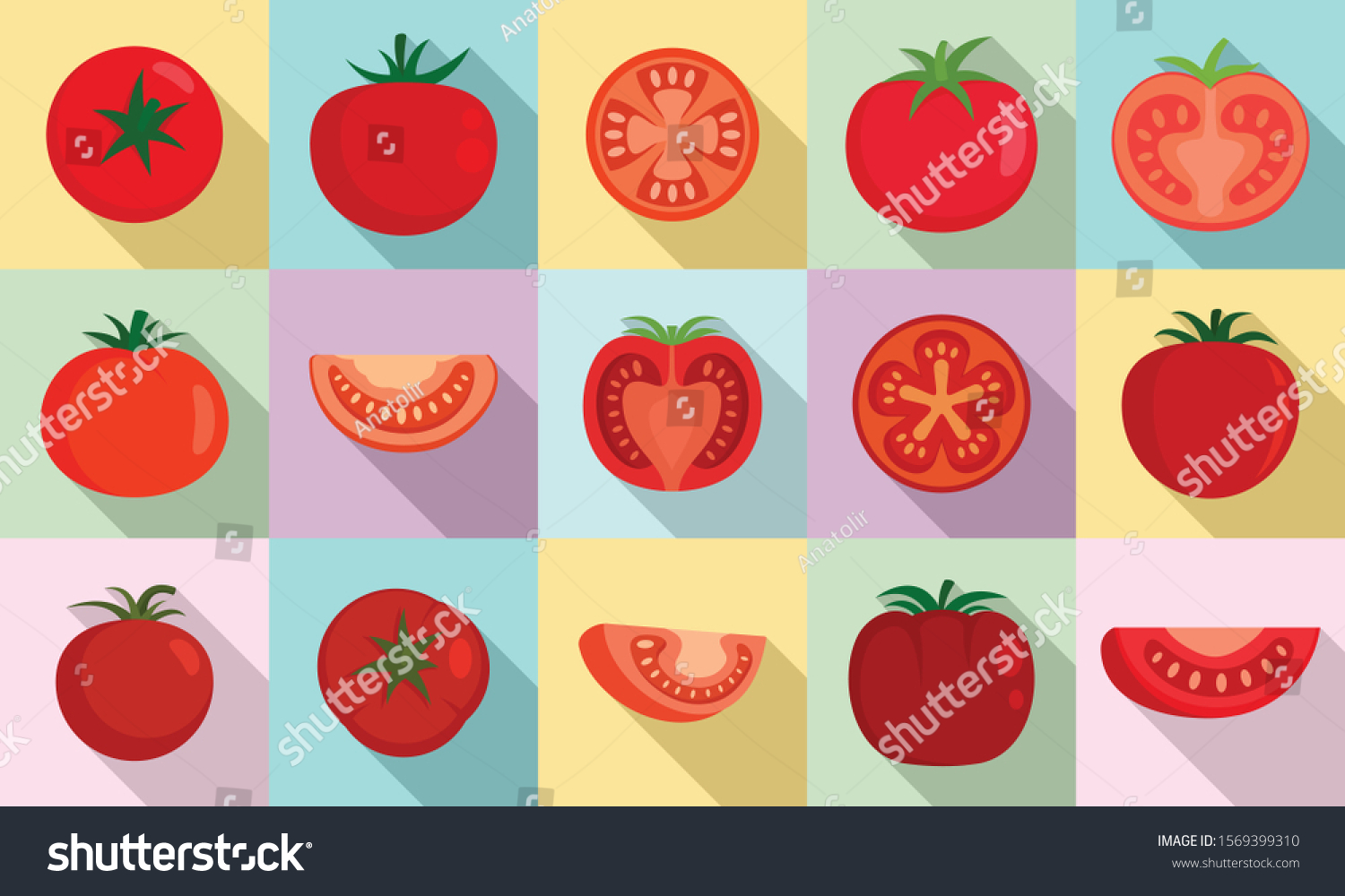 Tomato icons set. Flat set of tomato vector icons for web design #1569399310