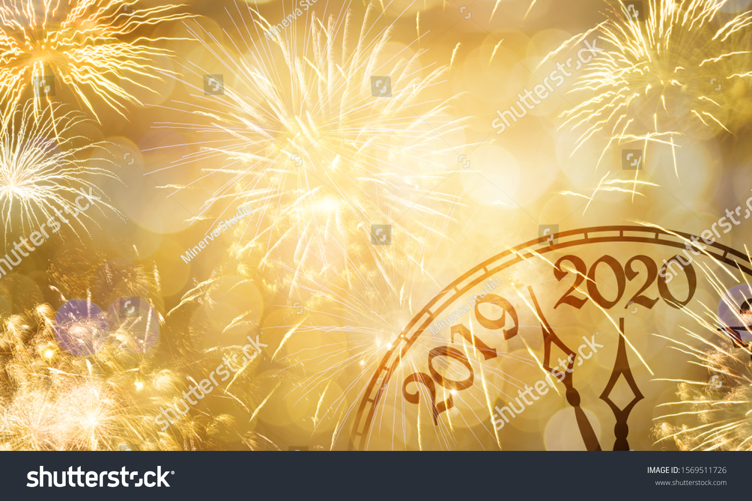 New Year concept, clock near to the midnight of 2020, fireworks golden bokeh background #1569511726