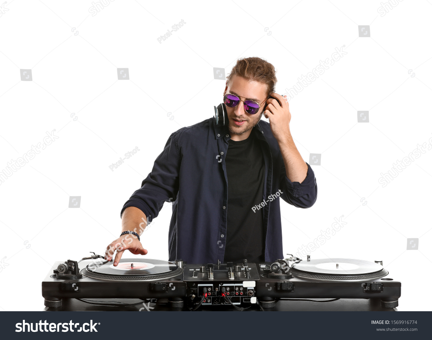 Male dj playing music on white background #1569916774