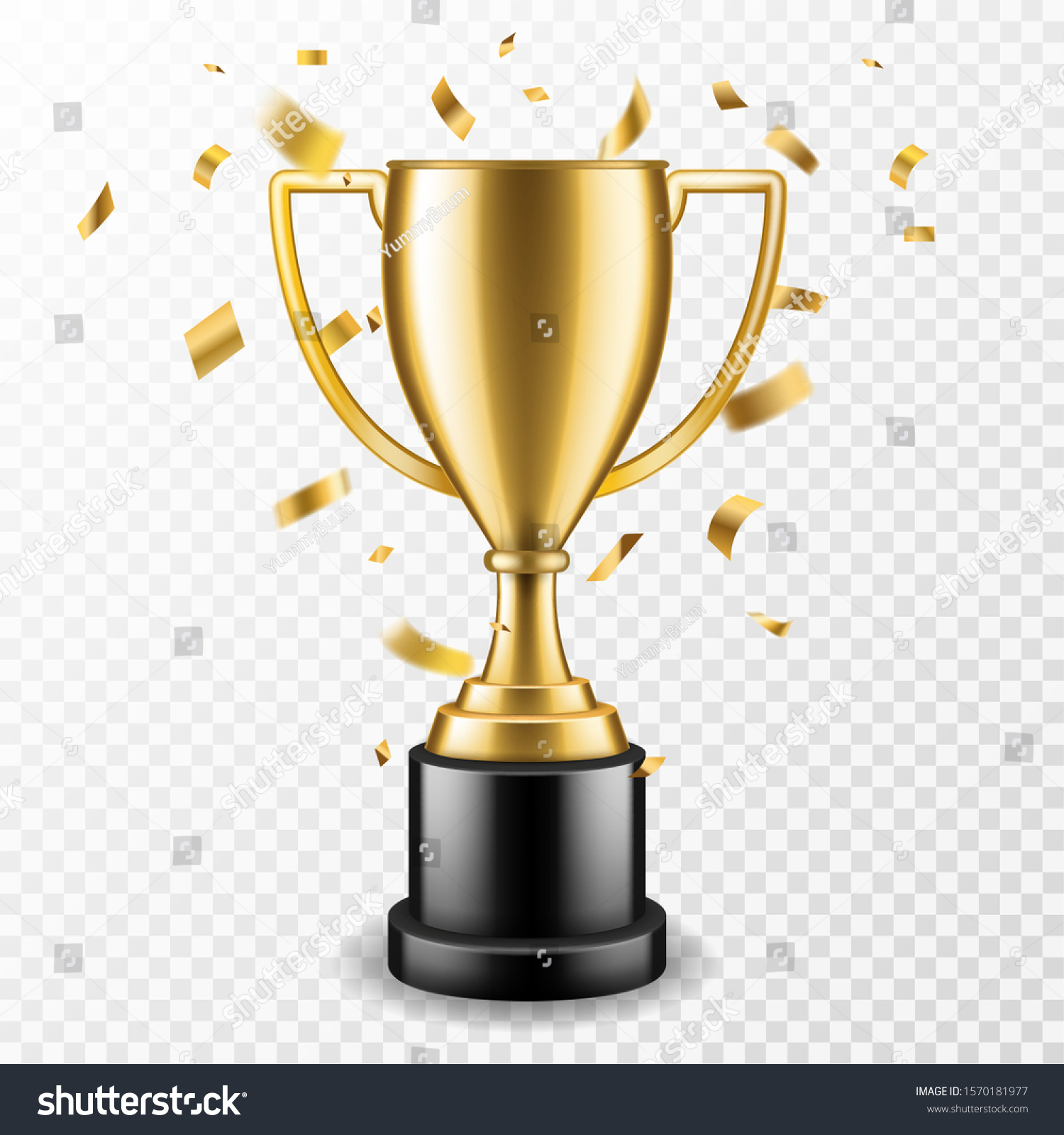 Trophy cup. Champion trophy, shiny golden cup and falling confetti, sport award. Winner prize, champions realistic vector celebration winning concept #1570181977