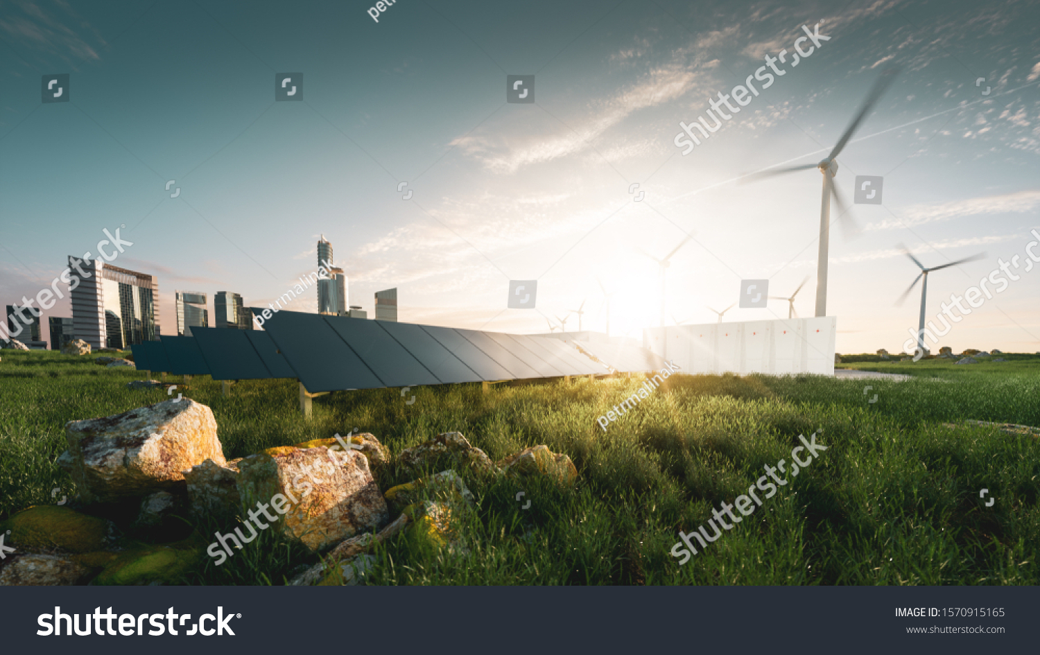 Concept of sustainable energy solution in beautifull sunset backlight. Frameless solar panels, battery energy storage facility, wind turbines and big city with skycrapers in background.  #1570915165