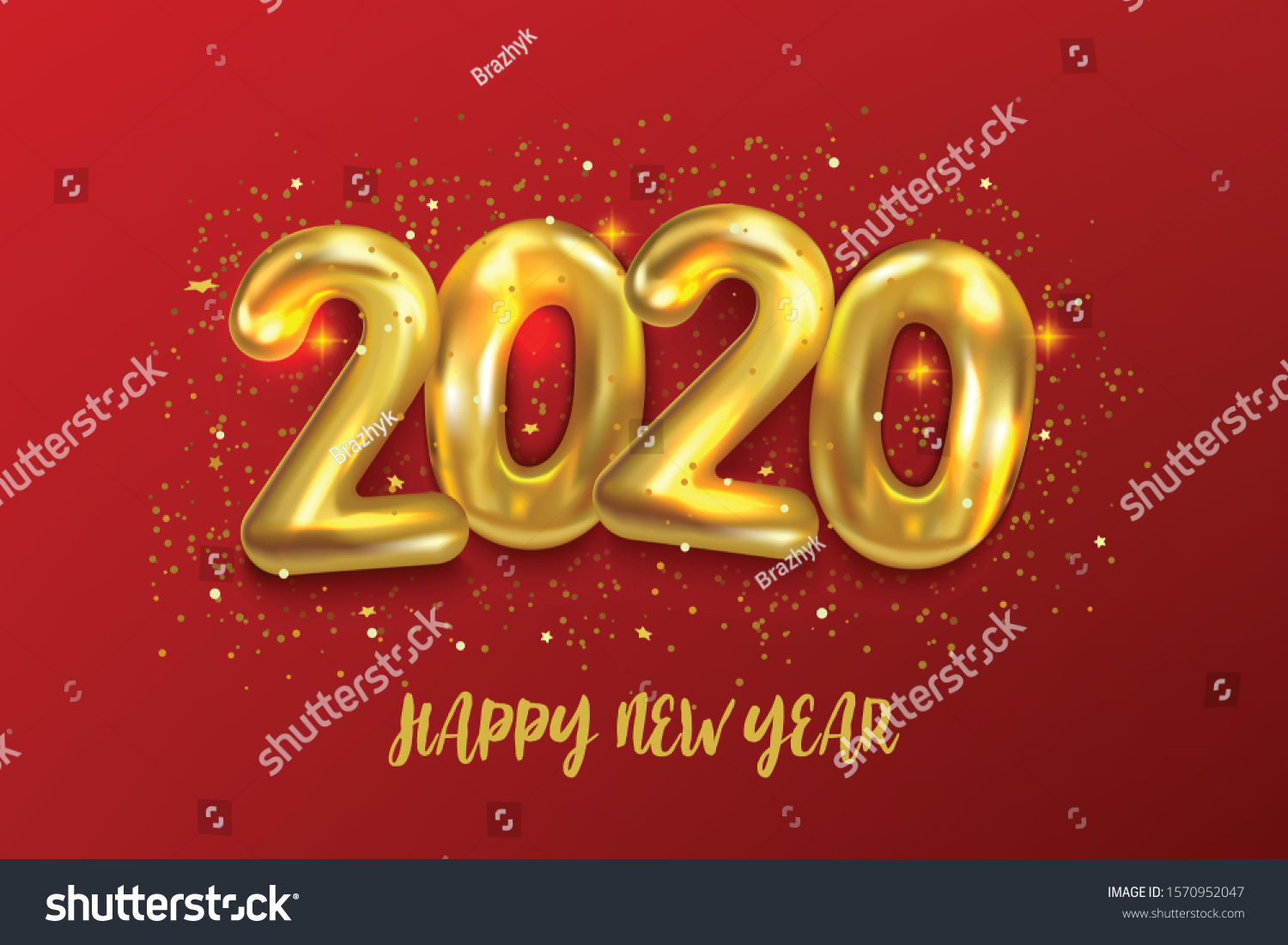 Happy New 2020 Year. Holiday vector illustration of metallic golden balloons numbers 2020. Festive poster or banner design #1570952047
