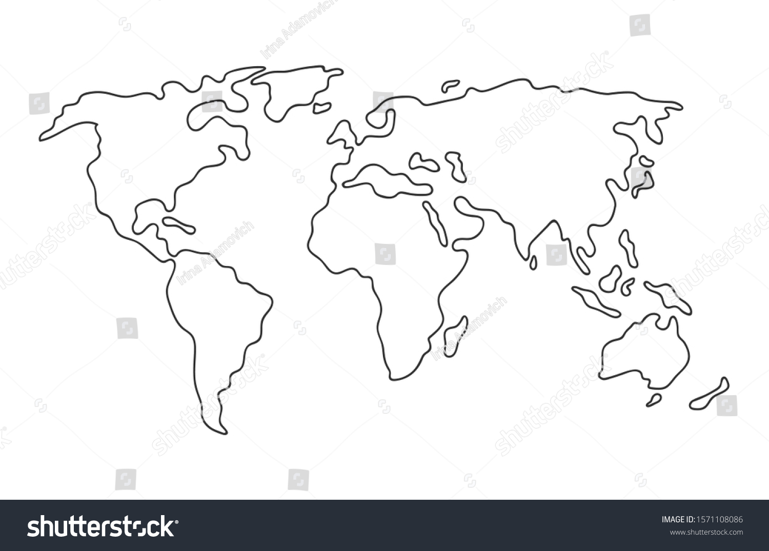 World map. Hand drawn simple stylized continents silhouette in minimal line outline thin shape. Isolated vector illustration #1571108086