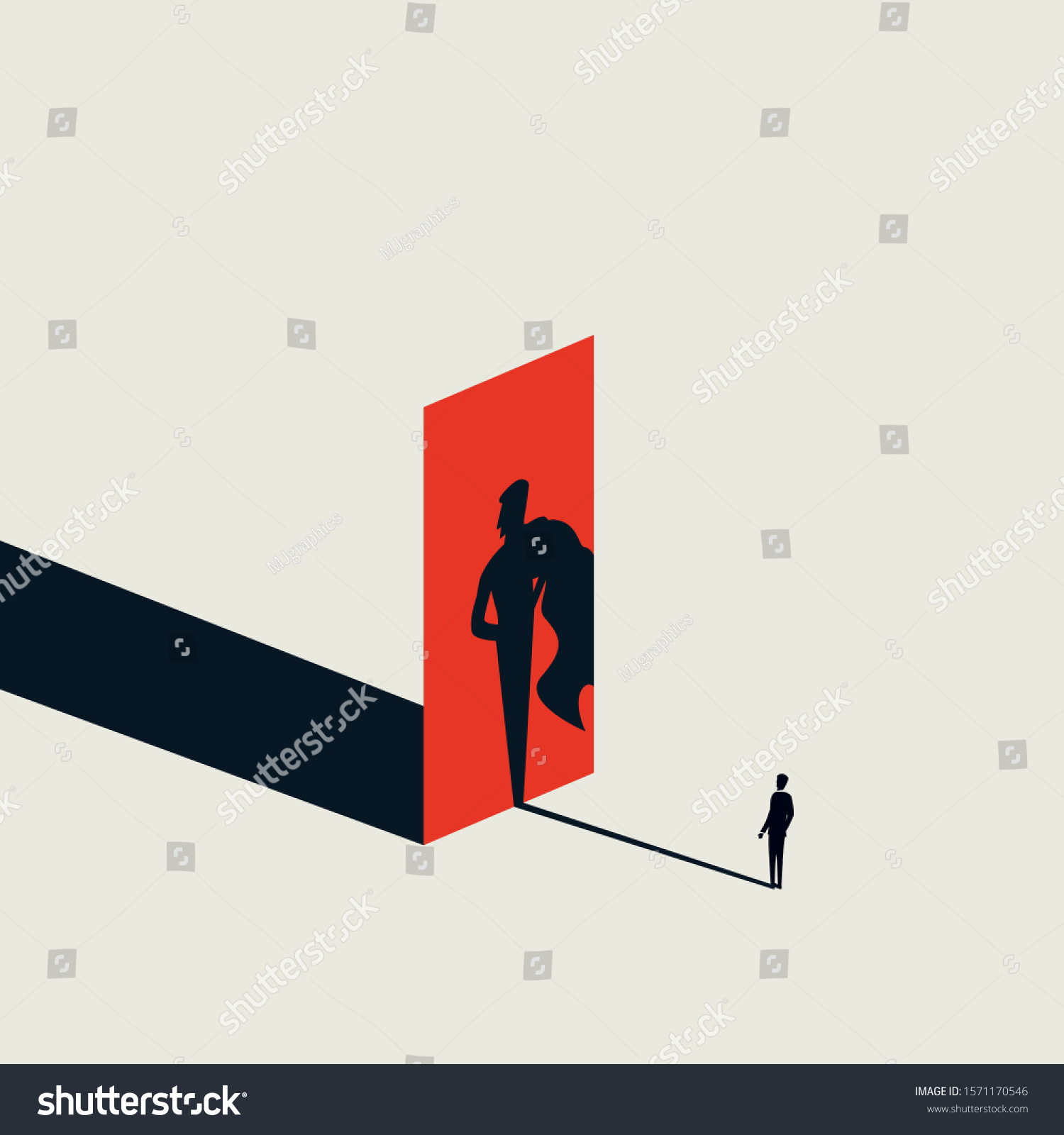Businessman looking at his superhero shadow vector concept. Symbol of ambition, career progress, motivation. Confident leader and manager. Eps10 illustration.