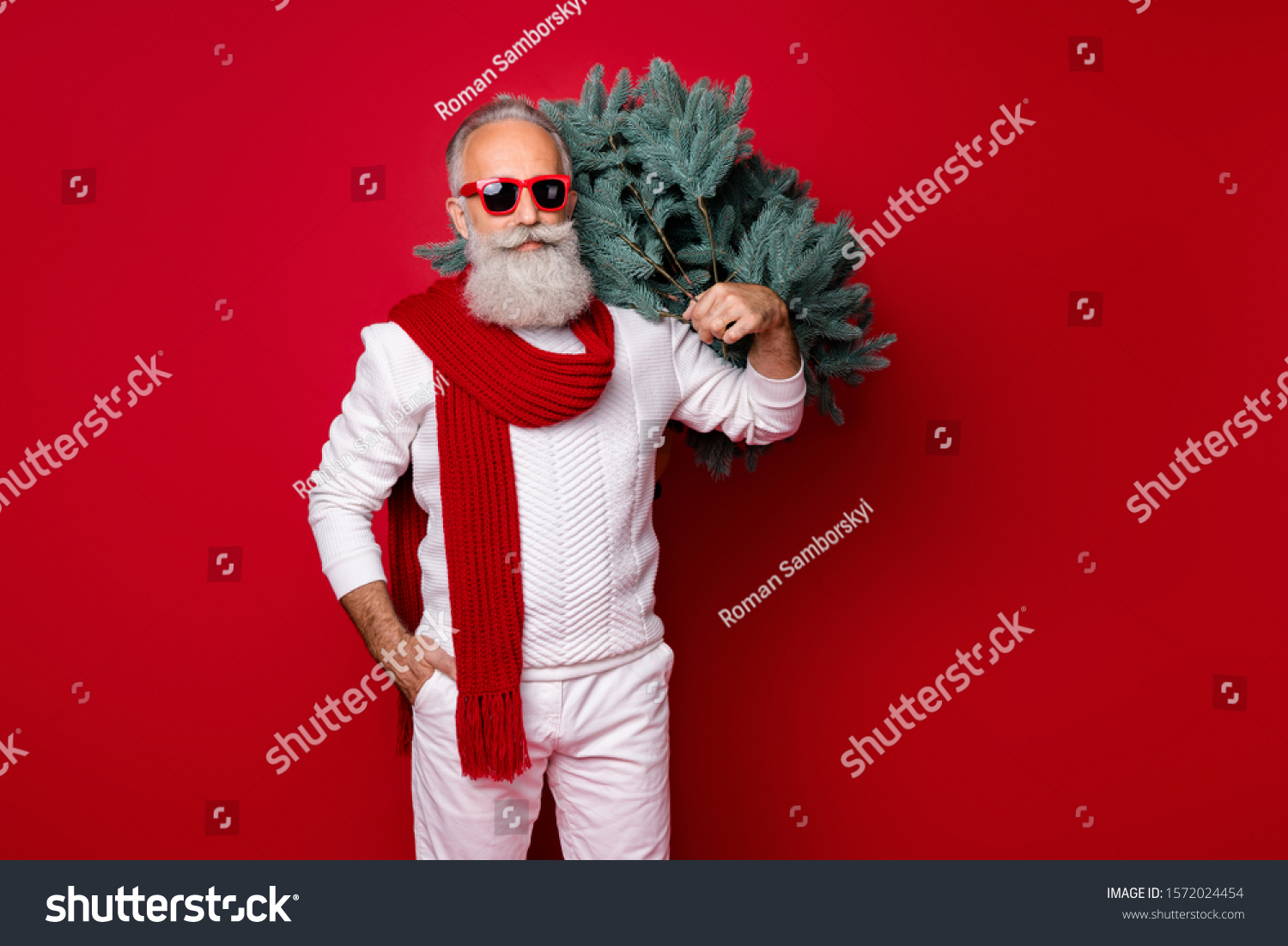 Portrait of his he nice attractive handsome content classy trendy well-dressed gray-haired man wearing pullover sweater carrying festal tree isolated over bright vivid shine red background #1572024454