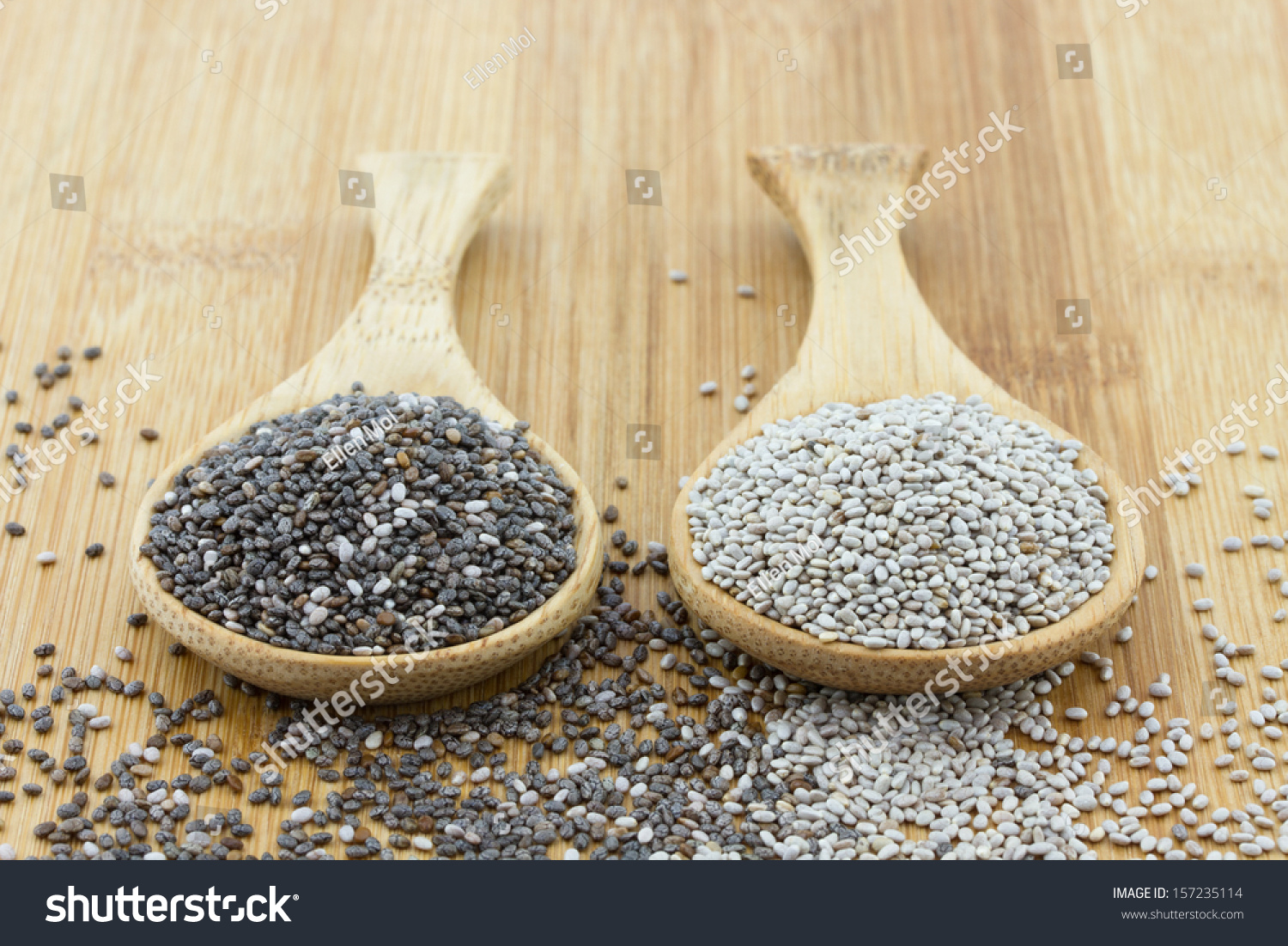 black and white chia seeds on wooden spoon #157235114