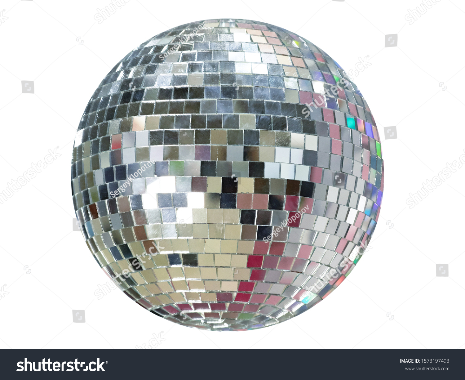 Large mirror ball with multi-colored reflections isolated on a white background. #1573197493
