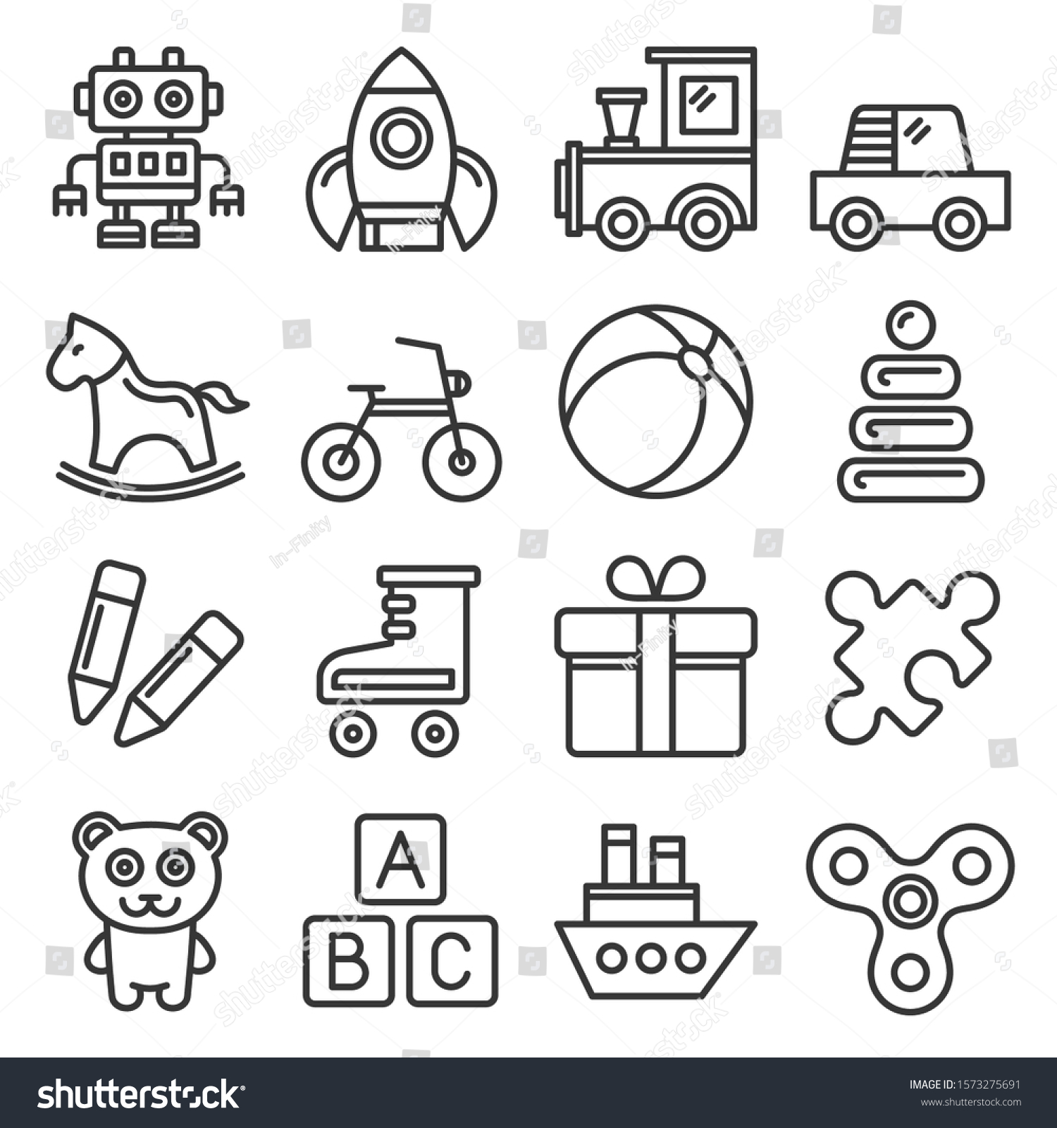 Toys Icons Set on White Background. Line Style Vector #1573275691
