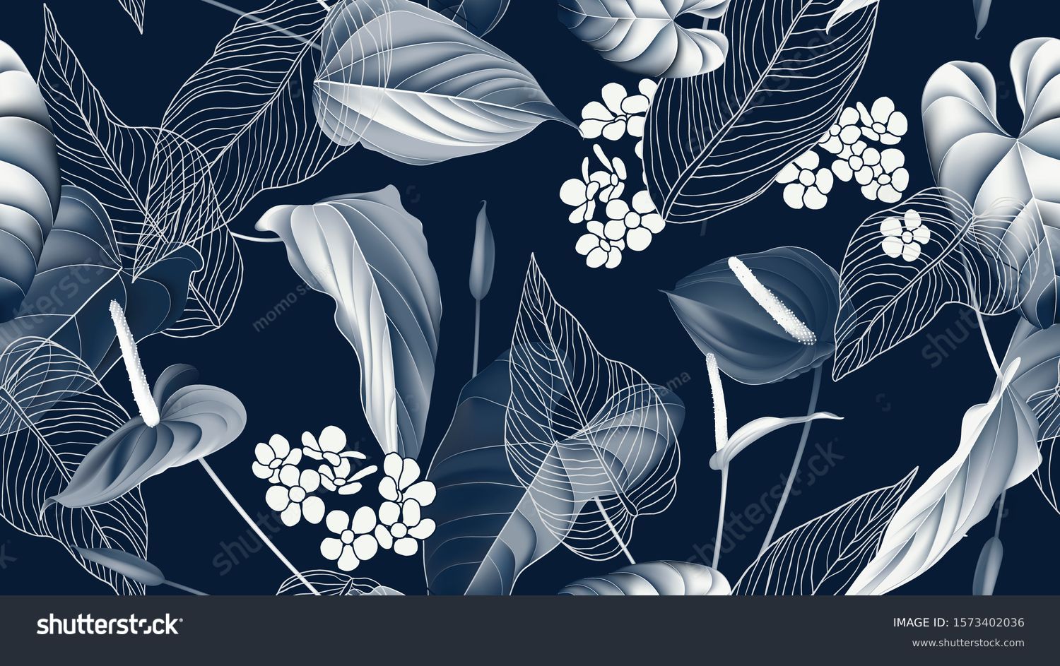Floral seamless pattern, Anthurium flowers with leaves in blue tone on dark blue #1573402036